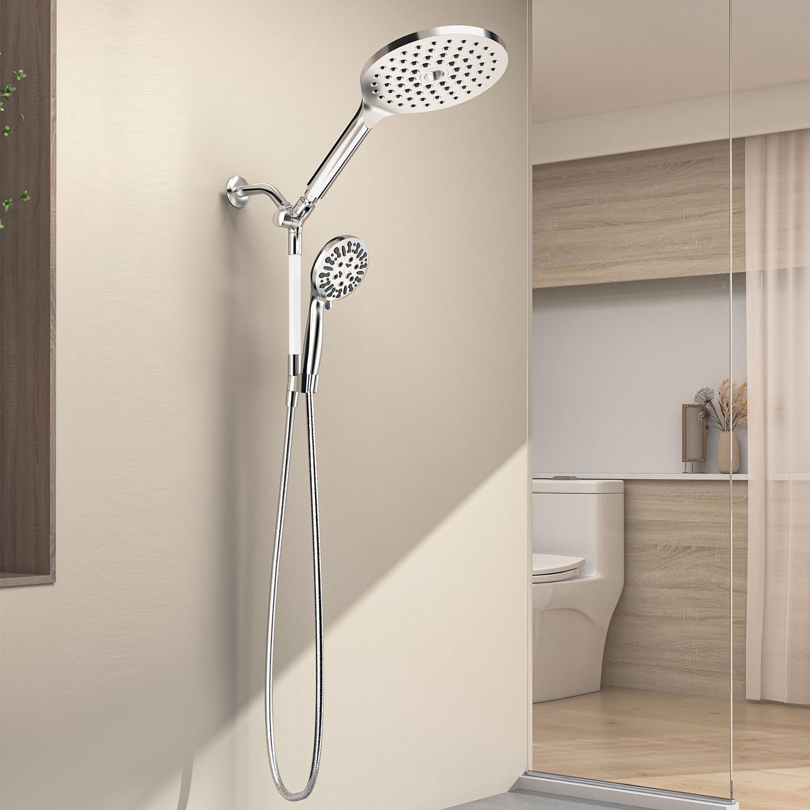 EAARSUO Dual Shower Head Combo - High Pressure Rainfall & Handheld Shower Head with 9 Spray Modes, Adjustable Bendable Bar & Waterfall Showerhead (Chrome) - Perfect for Bathroom, Spa, and Relaxation