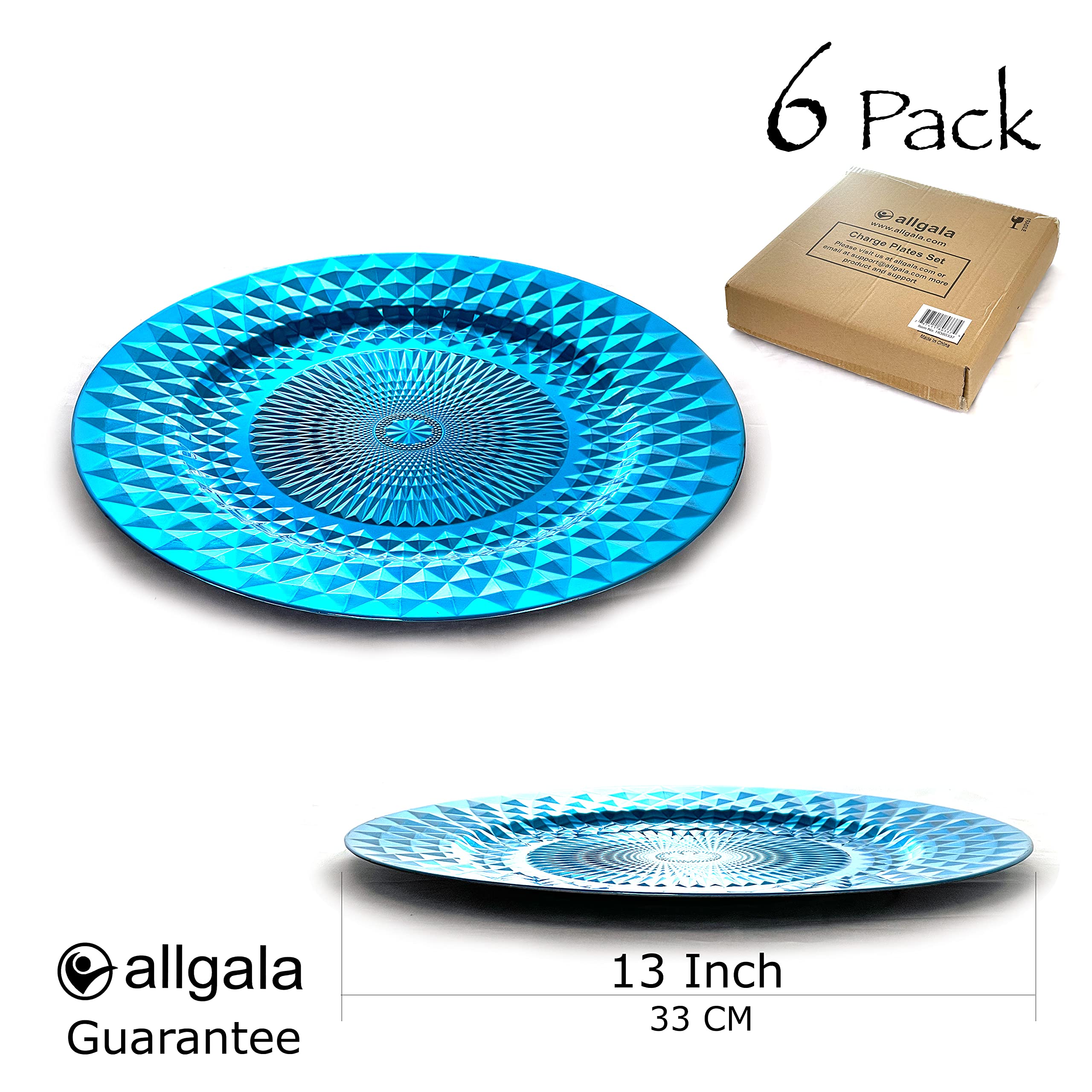 Allgala 13-Inch 6-Pack Heavy Duty Plastic Diamond Pattern Charger Plates - Sparkling Turquoise Wedding Dinner Plates (HD80406) for Elegant Table Settings, Parties & Special Events