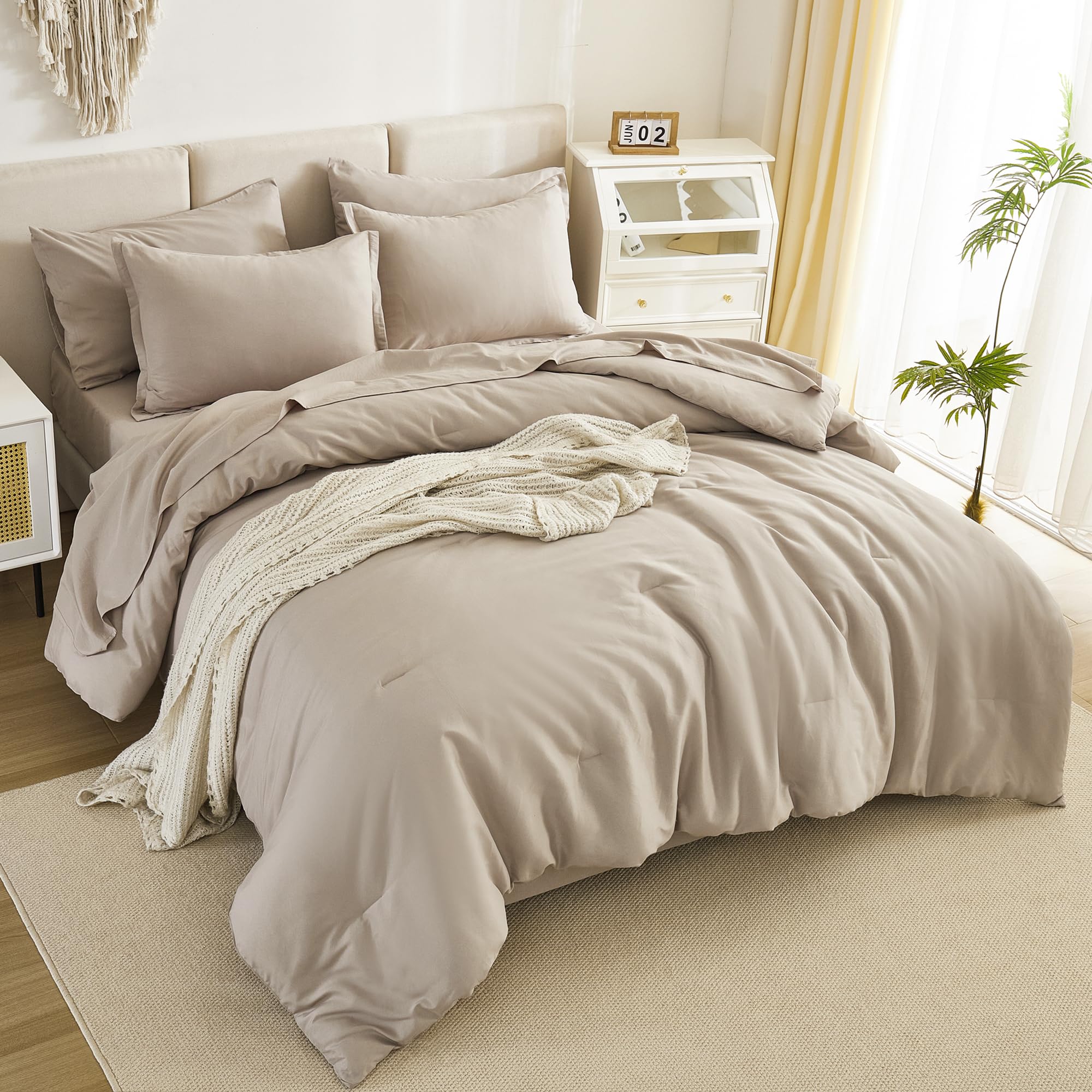 Litanika 7-Piece King Size Comforter Set in Oatmeal - Lightweight Bedding Set Includes Comforter, Sheets, Pillowcases & Shams | Perfect for Master Bedroom, Guest Room & Cozy Home Decor