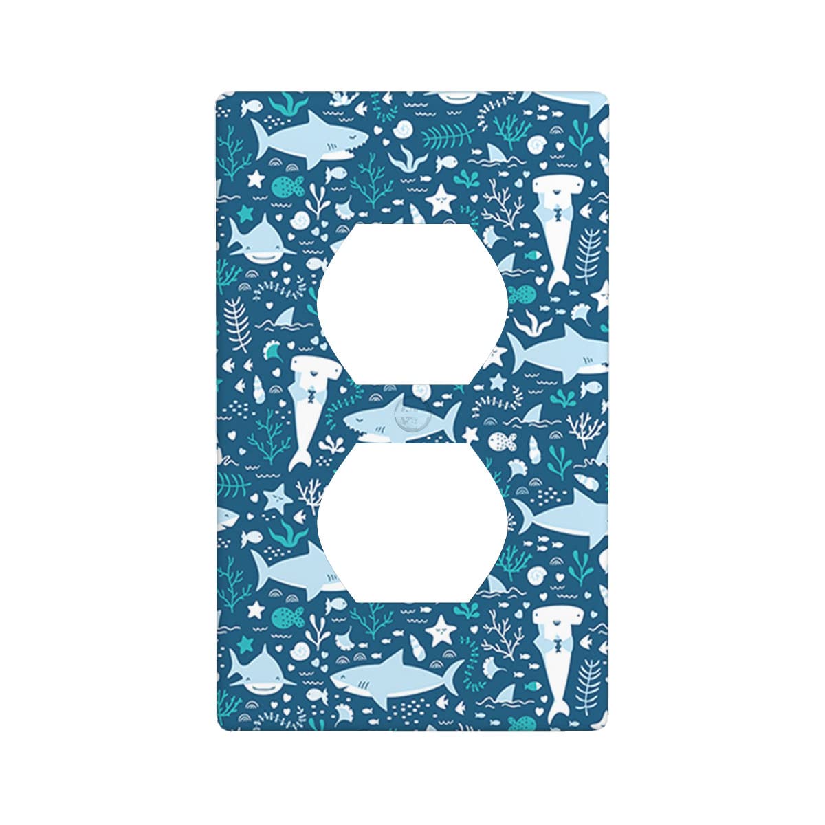 Axayaz Shark 1-Gang Switch Plate Cover - Ocean World Aquatic Fish Star Snail Seaweed Reef Coral Navy Blue Outlet Cover - Decorative Standard Duplex Wall Plate for Home, Office, Bedroom & Living Room Decor