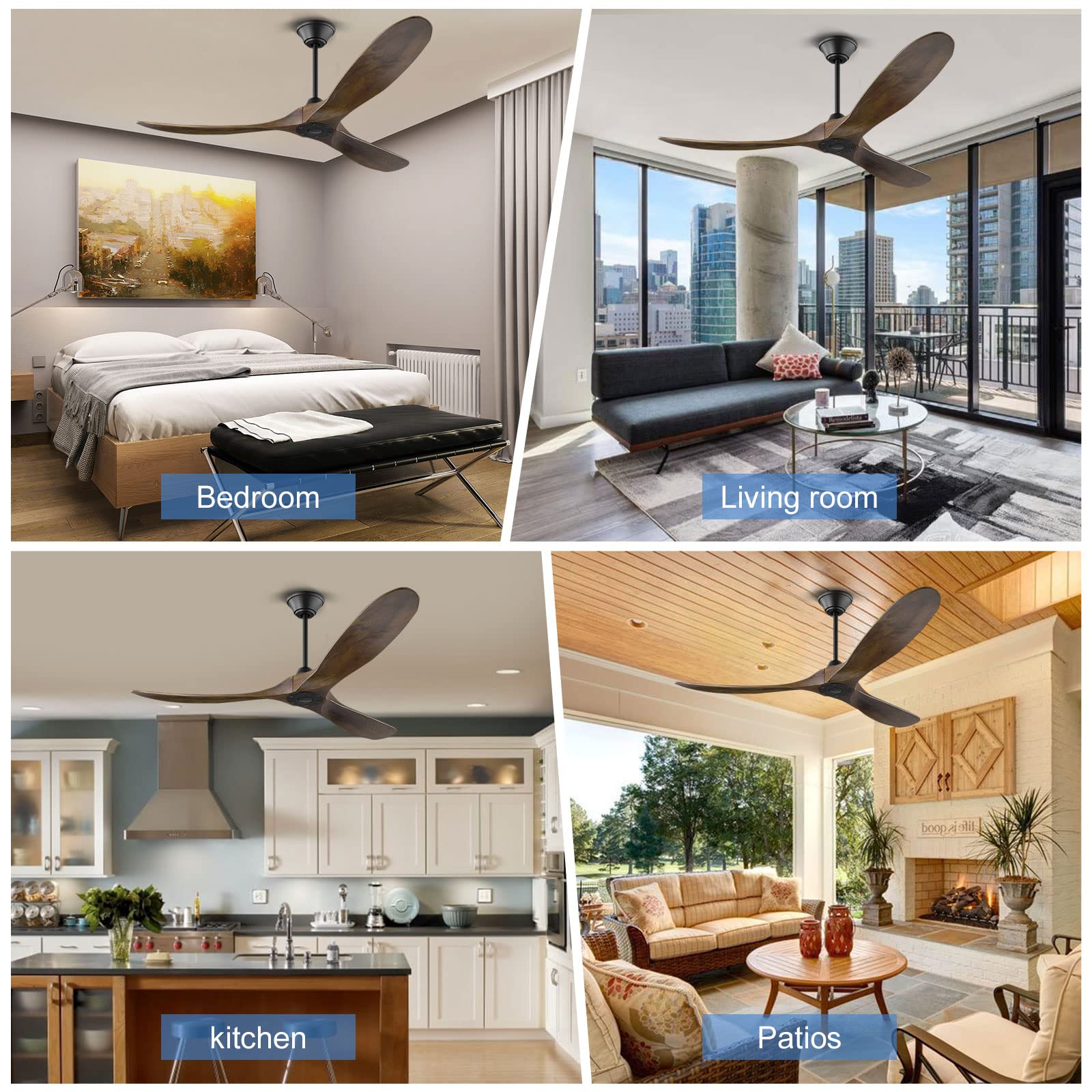 60 Inch Walnut Ceiling Fan with Remote Control - Modern Indoor/Outdoor Farmhouse Style Fan with 3 Wood Blades, No Light - Perfect for Patios, Living Rooms & Bedrooms