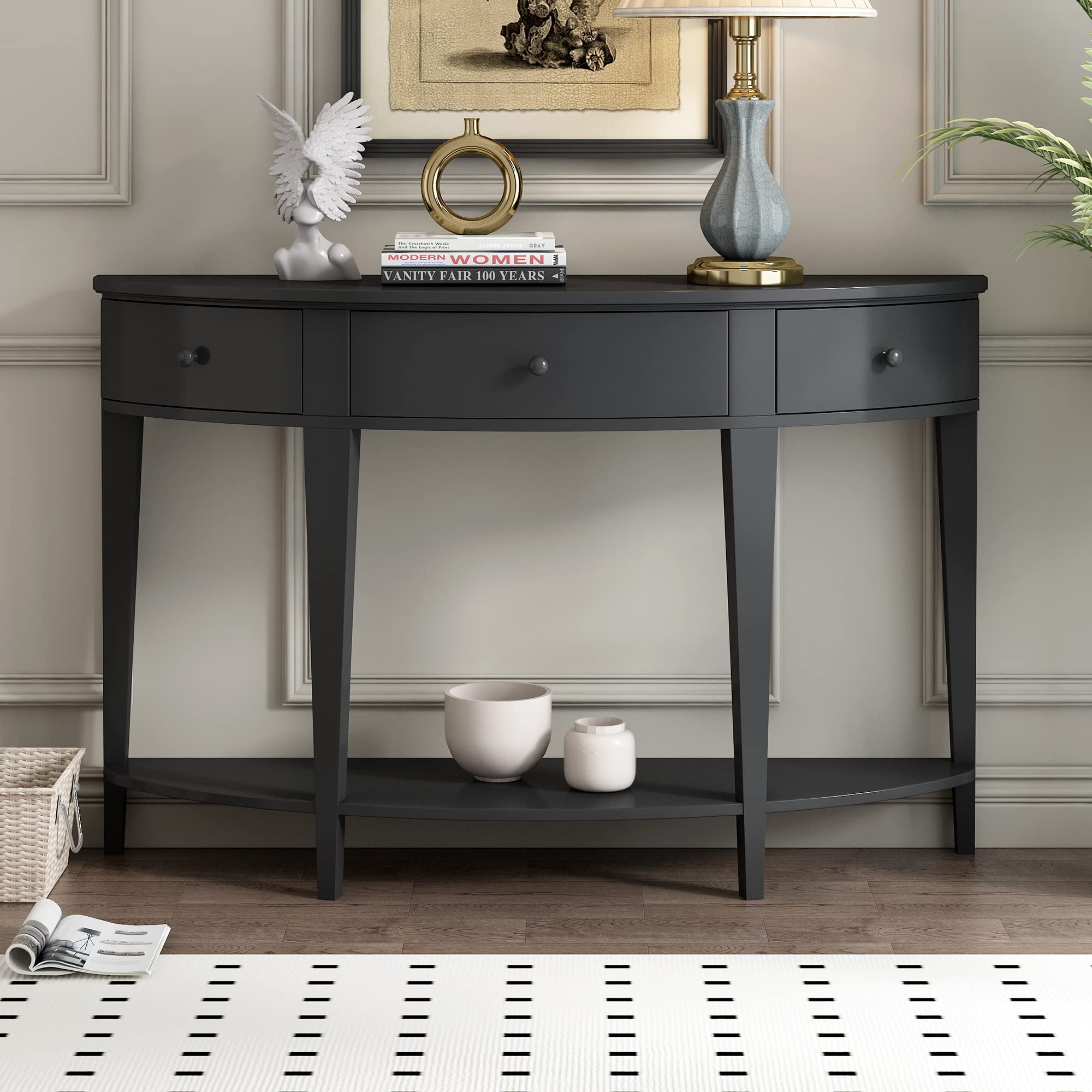 Modern Curved Console Table with 3 Drawers & Shelf - Sofa Table for Hallway, Entryway, Living Room - Sturdy Black Wooden Entry Table for Home Decor & Storage
