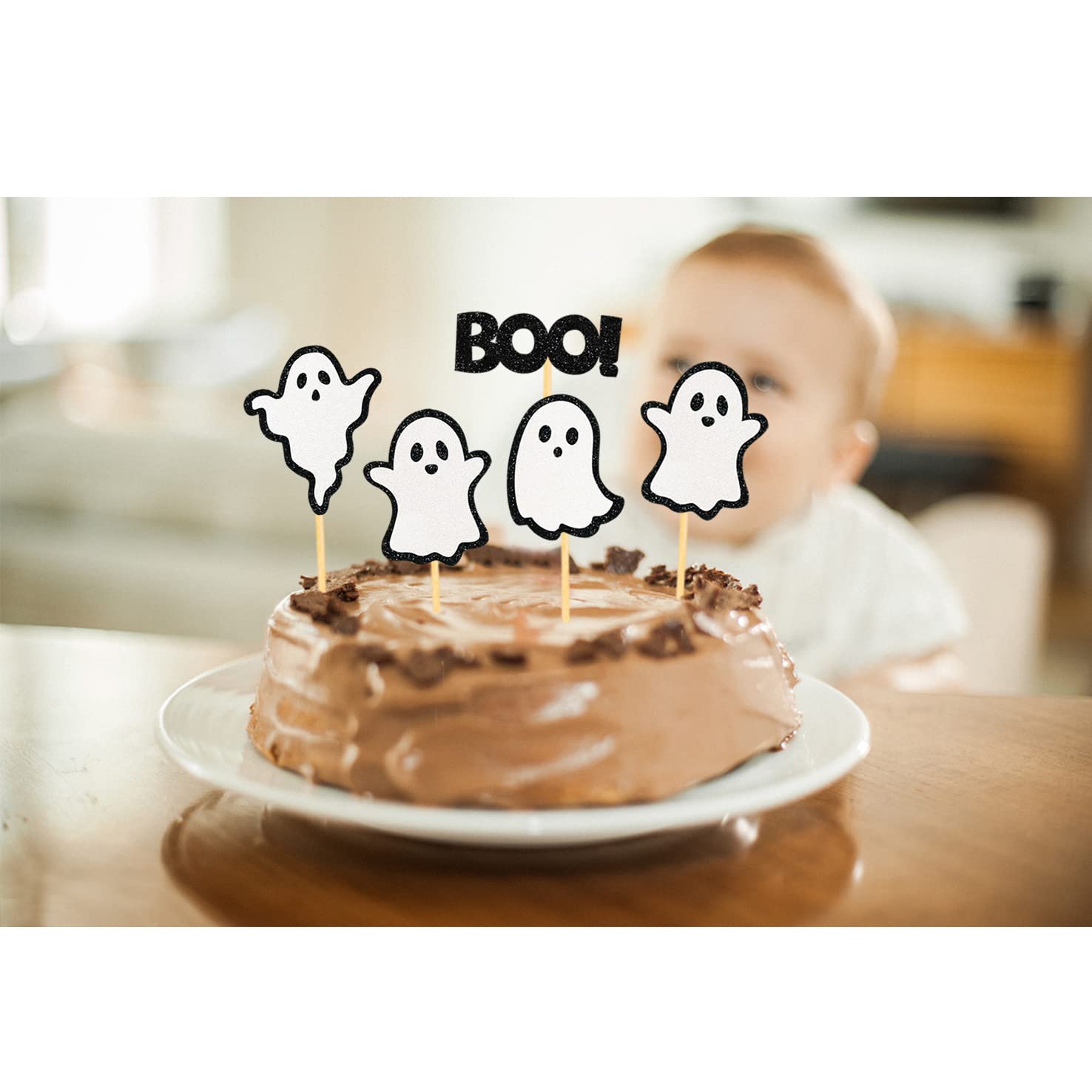 24 Pack Glitter Halloween Ghost Cupcake Toppers - Spooky Party Decorations for Baby Shower, Gender Reveal & Halloween (Black) - Perfect for Cupcakes, Cakes & Dessert Displays