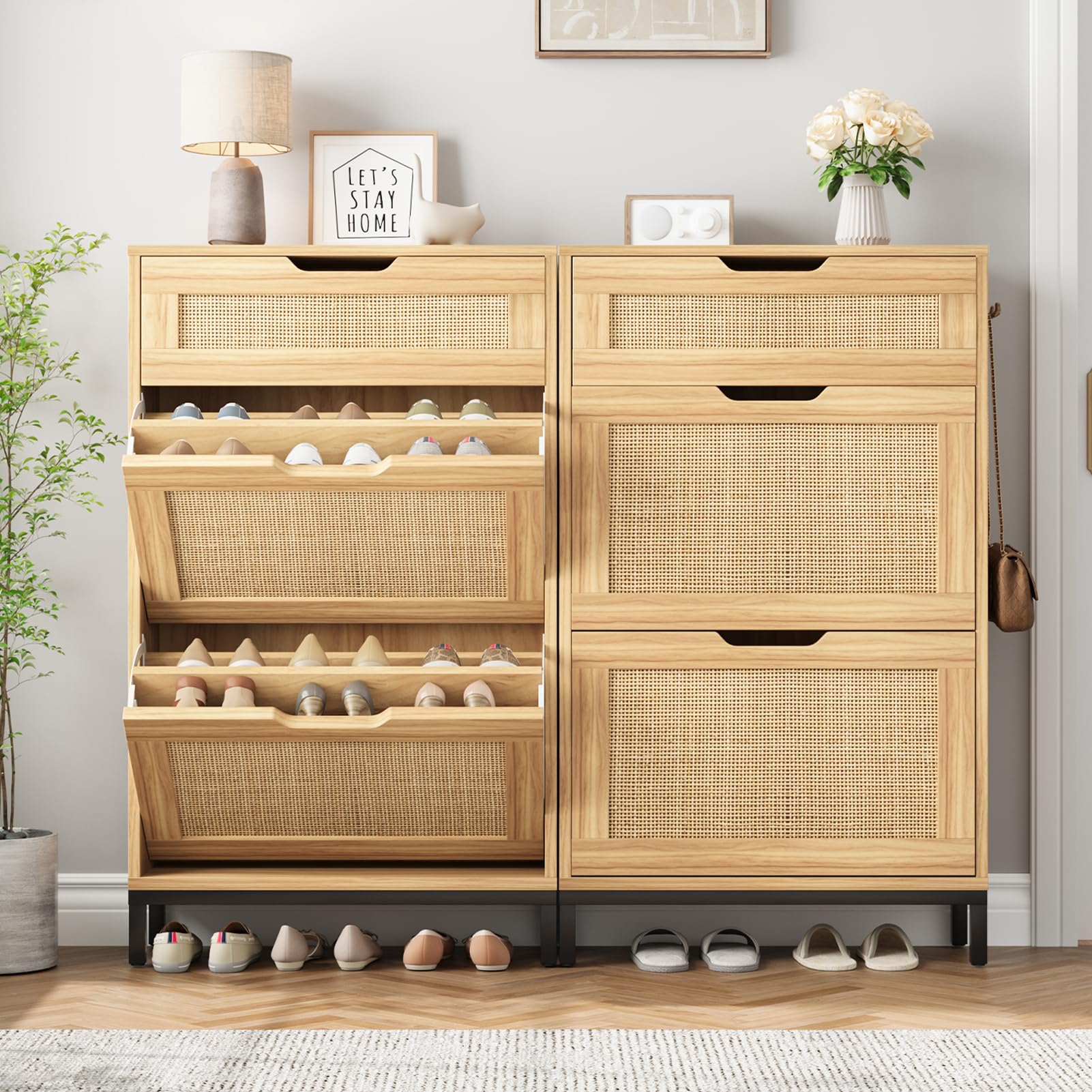 Boho Rattan Shoe Storage Cabinet with 2 Flip Drawers - Narrow Free Standing Wooden Shoe Organizer for Entryway, Hallway & Foyer - Perfect for Small Spaces & Hidden Shoe Storage (Natural Wood)