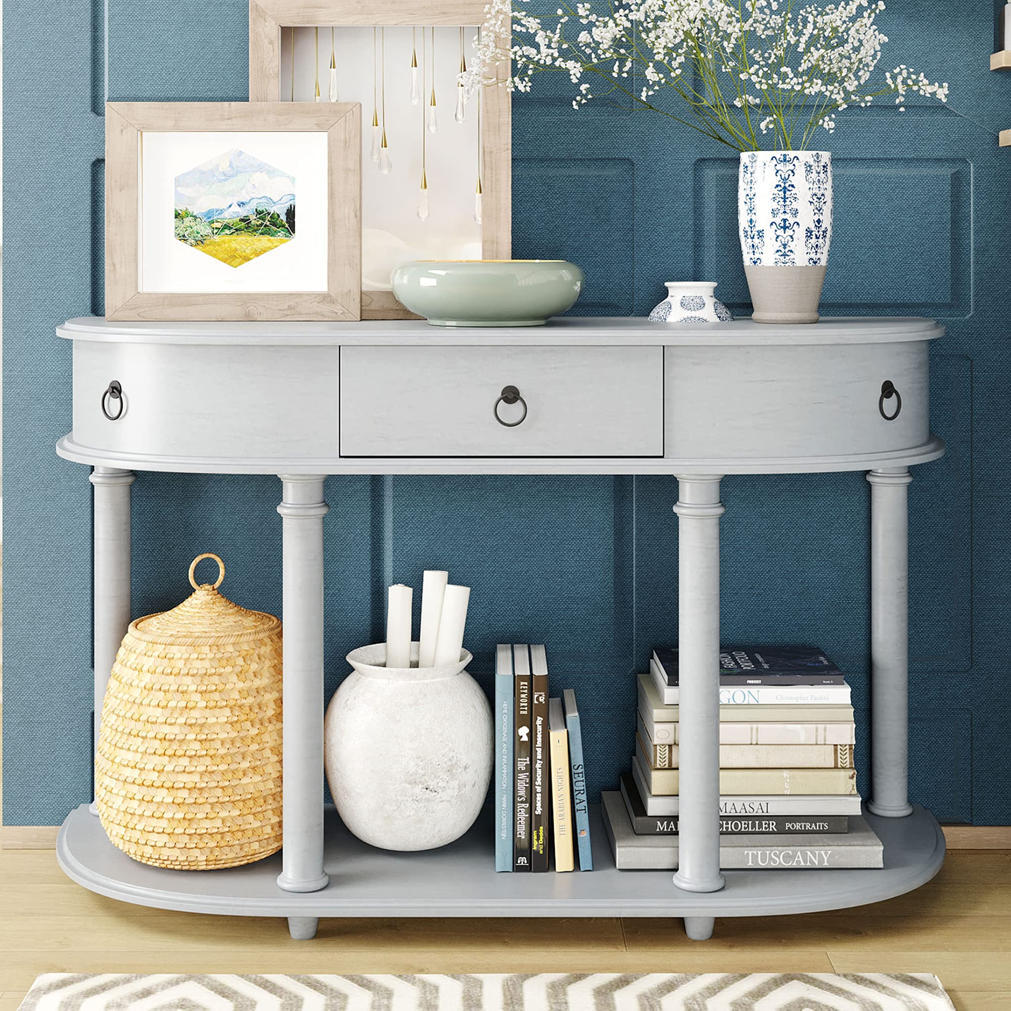 P PURLOVE Curved Console Table with Single Drawer - Retro Solid Wood Sofa Table with Sturdy Frame & Legs - Half Moon Entryway Table for Living Room, Kitchen, Hallway (Gray Wash) | Perfect for Small Spaces, Farmhouse & Modern Home Decor