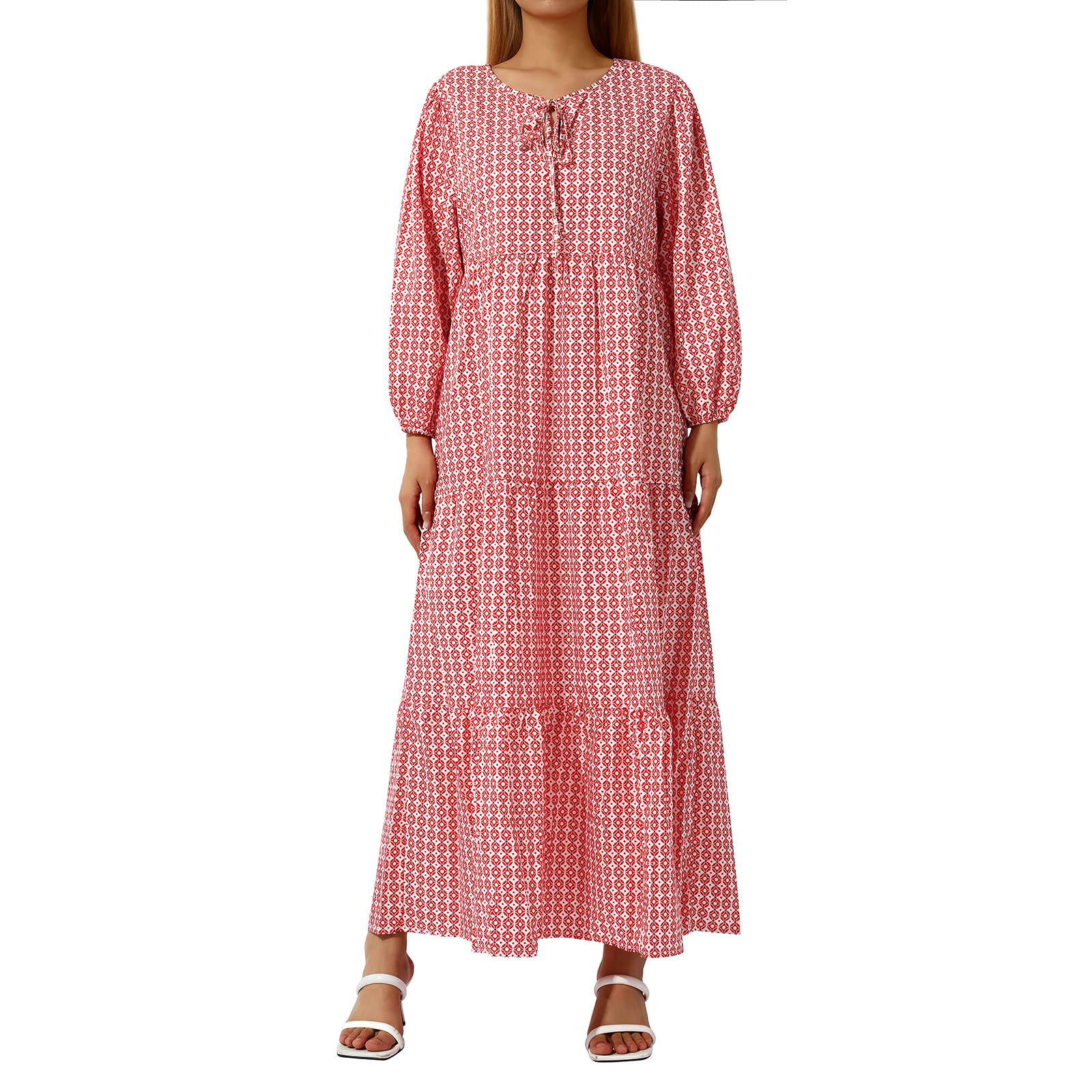 UAURORAO Women's Summer Bohemian Maxi Dress - Long Sleeve Floral Boho Sundress with Puff Sleeves, Tiered Swing Design for Beach, Vacation & Casual Outings