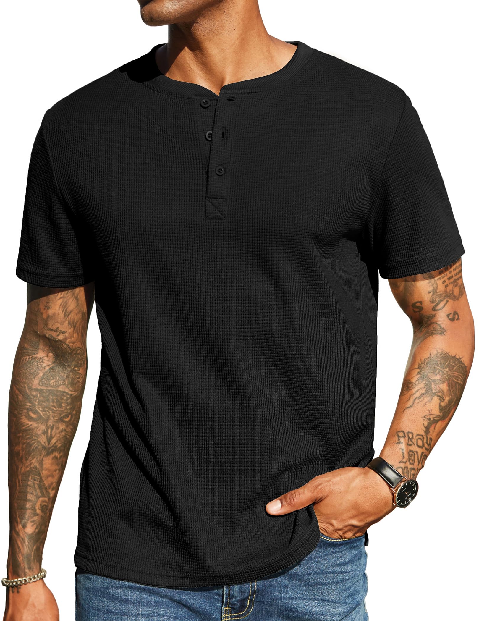 COOFANDY Men's Waffle Henley Short Sleeve Textured T-Shirt - Casual Button Up Tee Shirt | Heavyweight Summer Henley Top for Outdoor Activities & Date Nights
