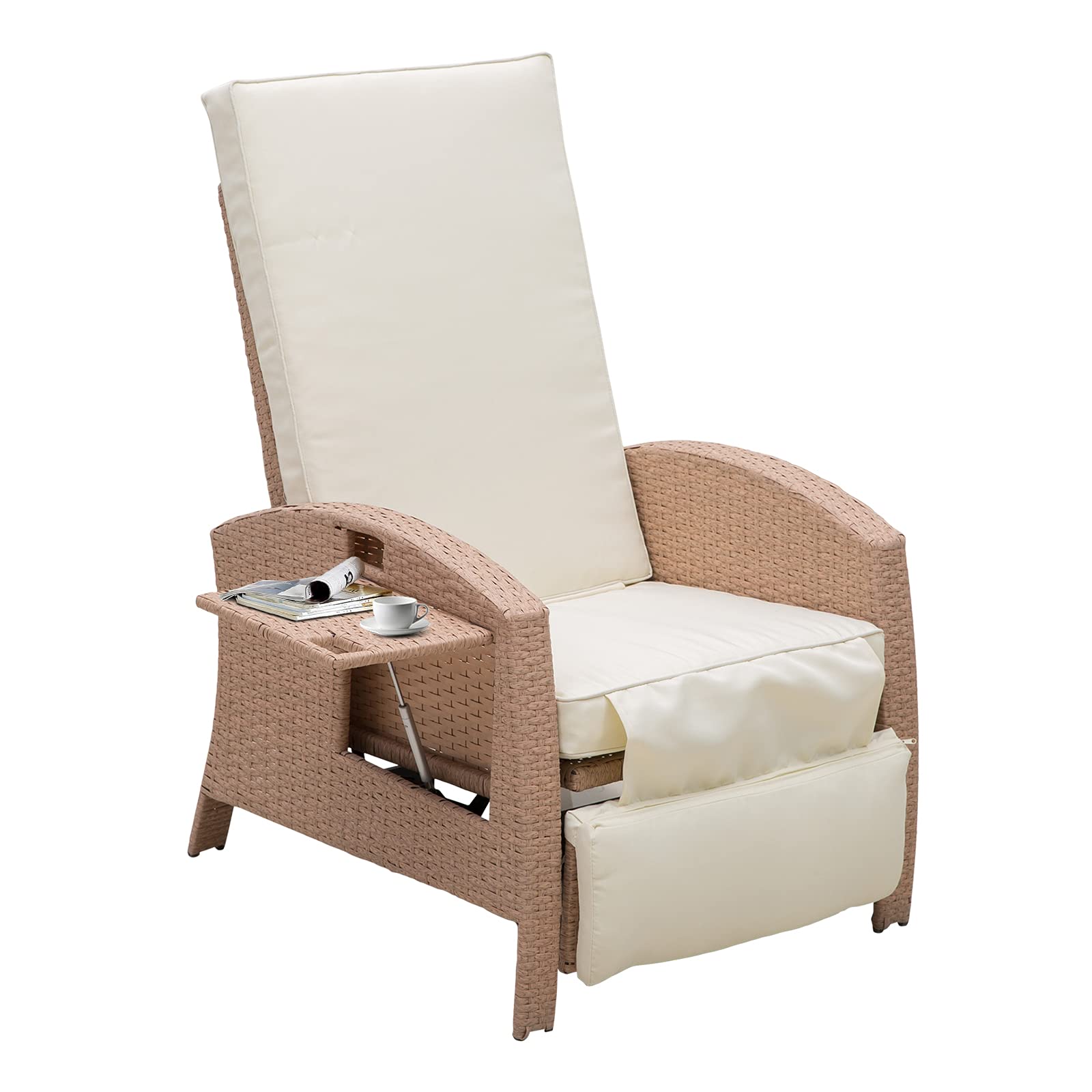 Outsunny Patio Recliner - Outdoor Reclining Lounge Chair with Adjustable Backrest, Flip-Up Side Table & Footrest - All-Weather Wicker Metal Frame Chaise Lounge with Cushions (Beige) - Perfect for Poolside, Backyard, Garden & Patio Relaxation