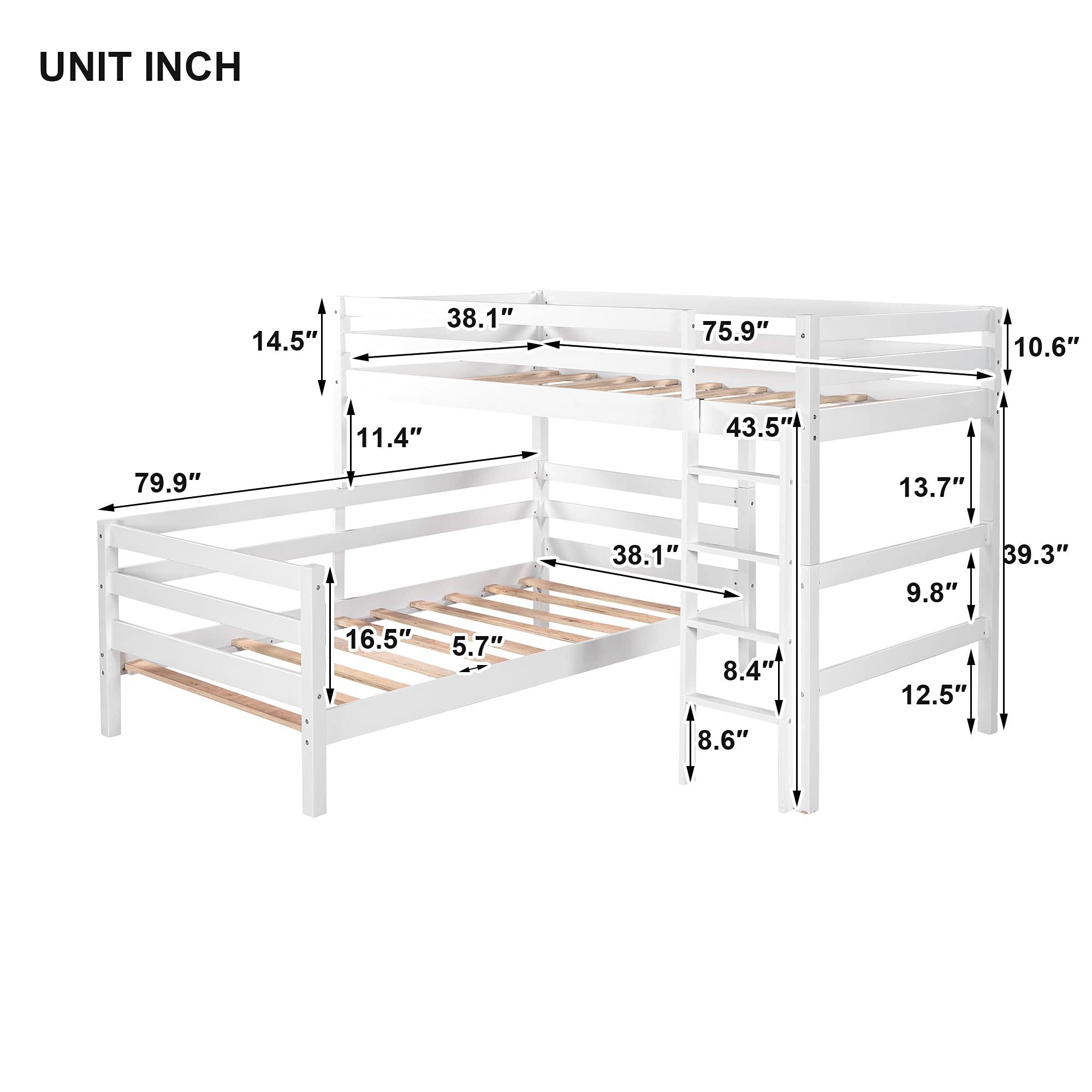 Modern Wood Twin Over Twin Bunk Bed with Ladder & Guardrails - Convertible to 2 Separate Beds for Kids & Teens - No Box Spring Needed (White & Wood Finish) - Perfect for Small Bedrooms, Guest Rooms & Dormitories