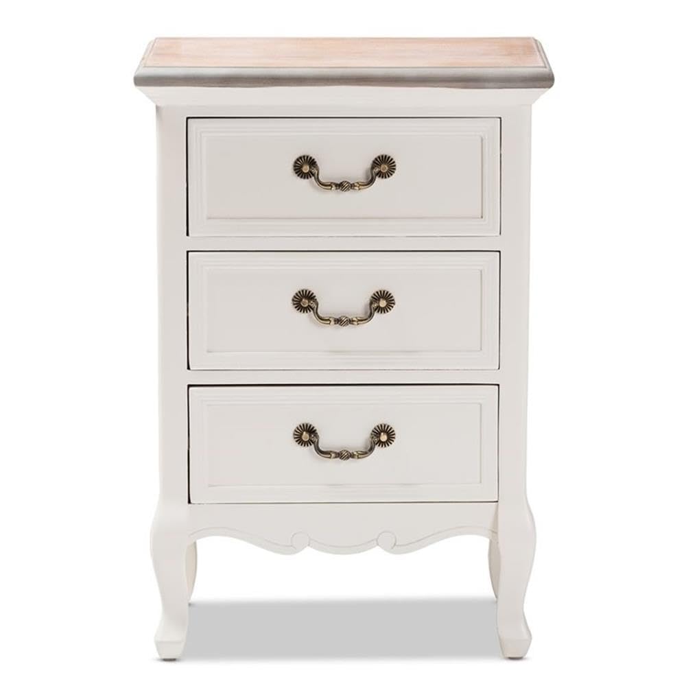 BOWERY HILL Two Tone Whitewashed Oak and White 3-Drawer Nightstand - Modern Bedside Table for Bedroom, Living Room & Guest Room - Perfect for Storage and Stylish Home Decor