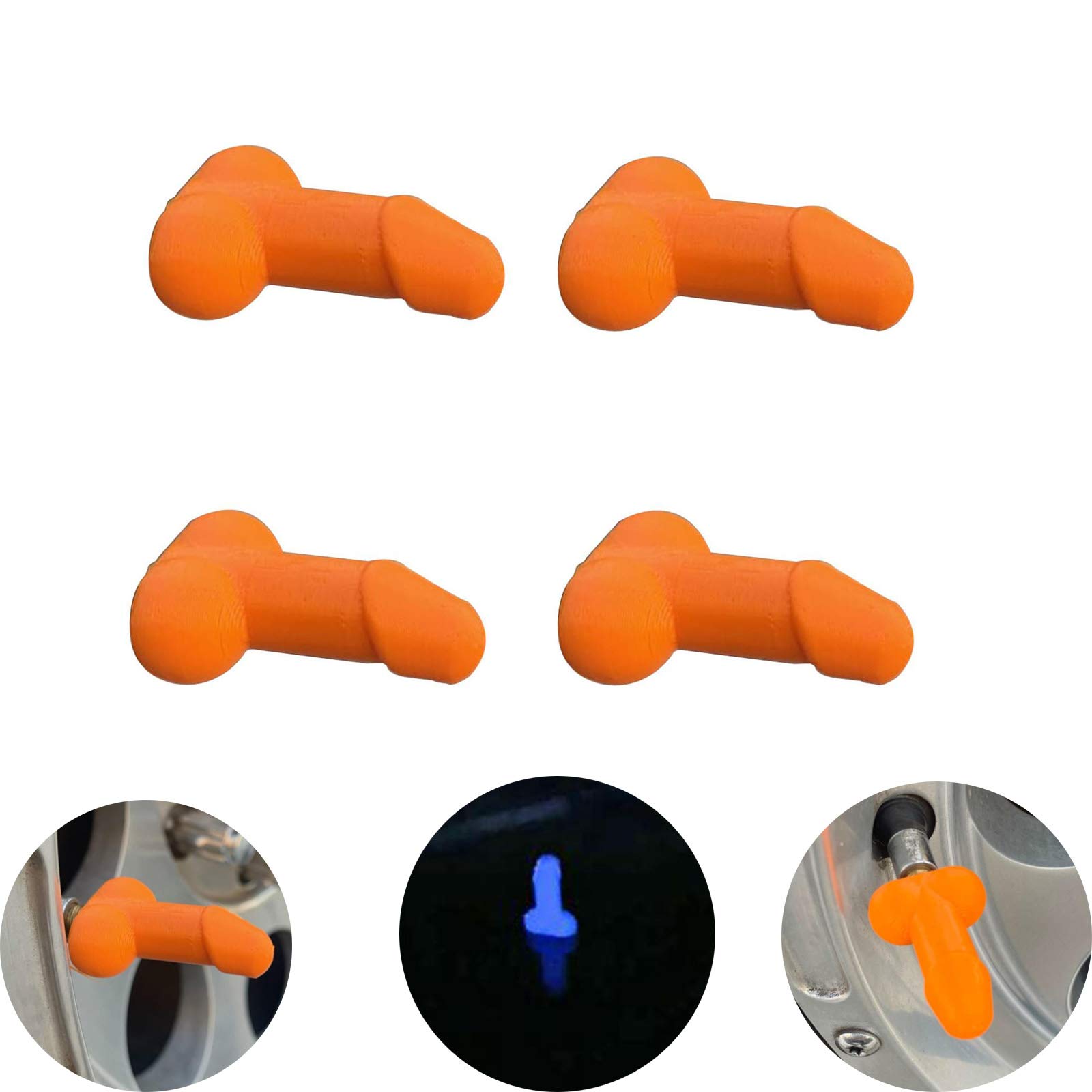 Funny Glow-in-the-Dark Penis Tire Valve Caps (4-Pack, Orange) - Prank Gift for Bachelorette Parties & Car Enthusiasts - Fits Cars, Trucks, Motorcycles & Bikes - Perfect for Pranks, Gag Gifts & Nighttime Visibility