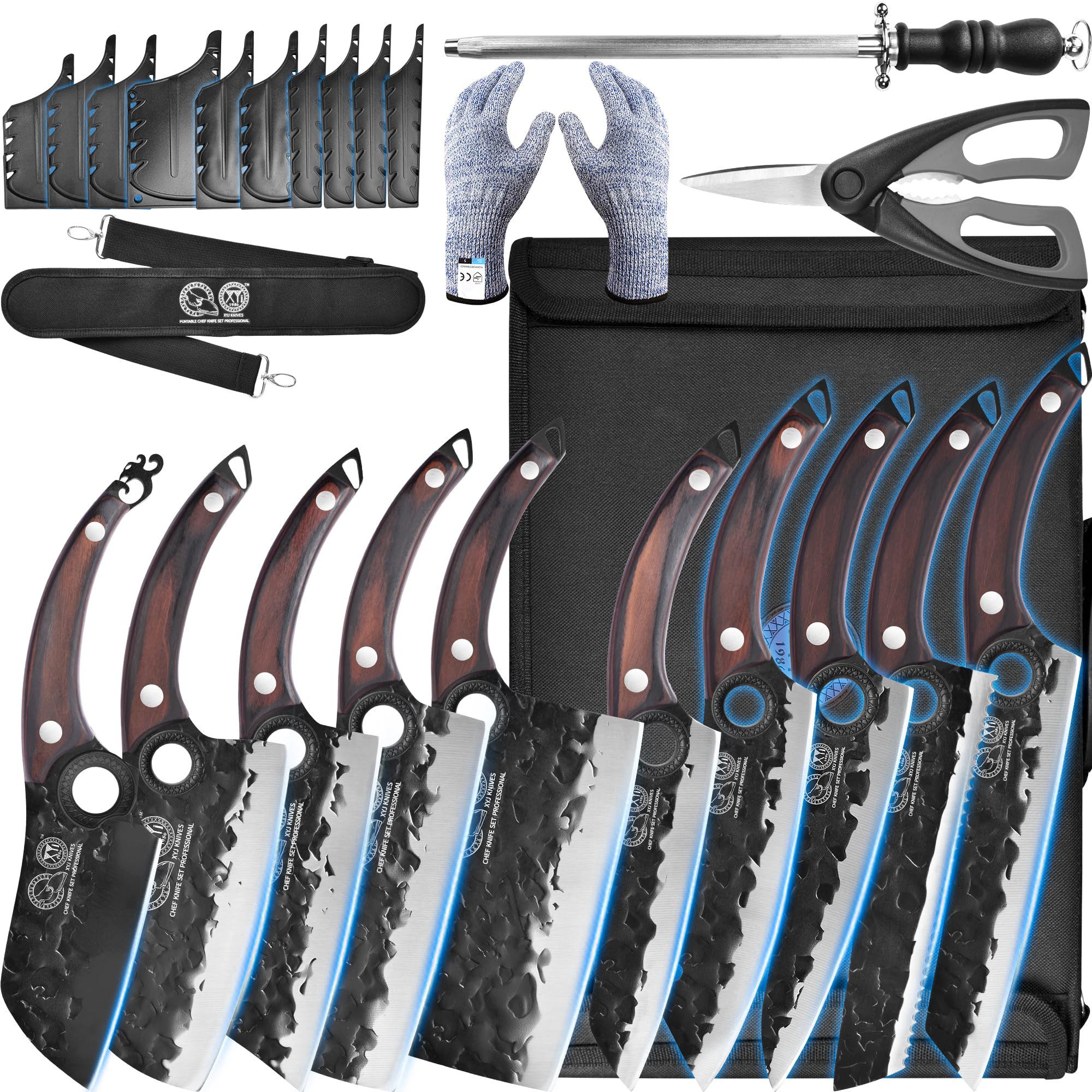XYJ Professional Kitchen Knife Set - 6-Piece High-Carbon Steel Forged Chef Knives with Full Tang Design (Chef Knife, Cleaver, Carving Knife, Nakiri) Includes Carrying Case & Poultry Shears - Perfect for Home Cooking, Professional Chefs & Meat Processing