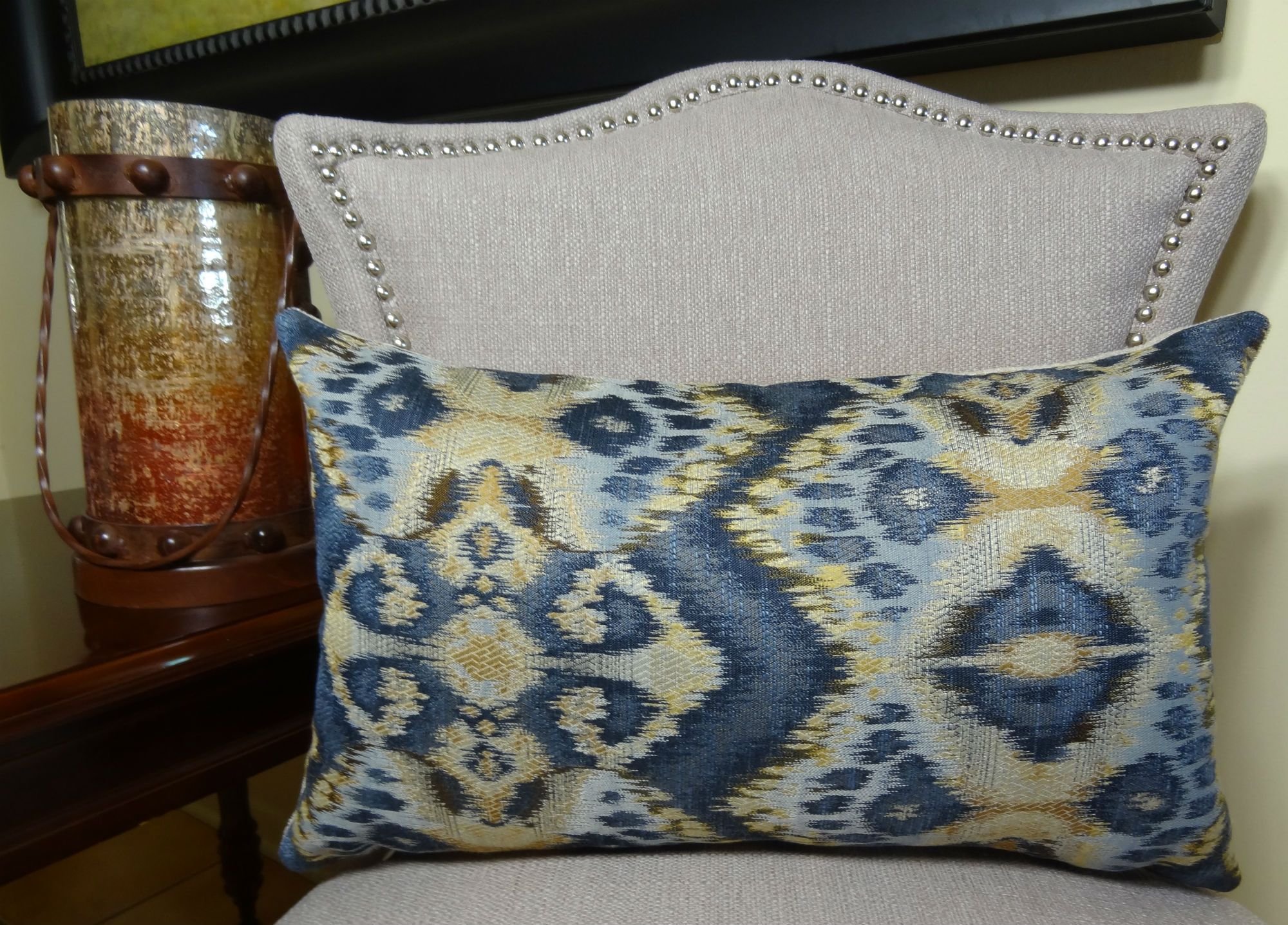 Handmade Designer Ikat Throw Pillow - Navy Blue Tan Indigo Wavy Zig Zag Pattern - Modern Boho Home Decor Accent Pillow - Perfect for Sofa, Bed, or Nursery Decor - Made in USA