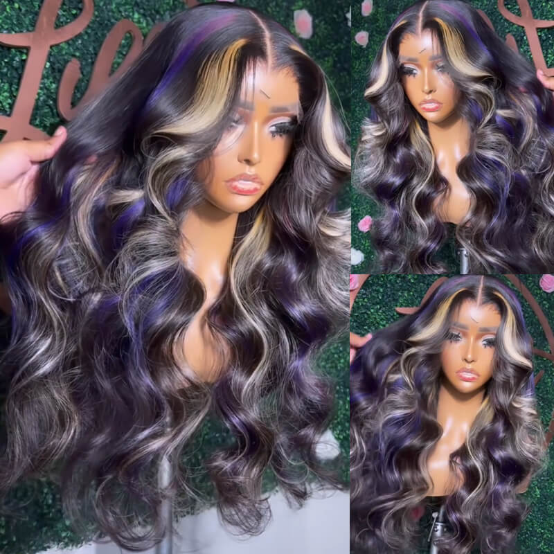 Eullair Black Red Blonde Body Wave Wig with Blue Orange Balayage Highlights - 3 Color Straight Lace Frontal Human Hair Wig for Cosplay, Halloween & Daily Fashion