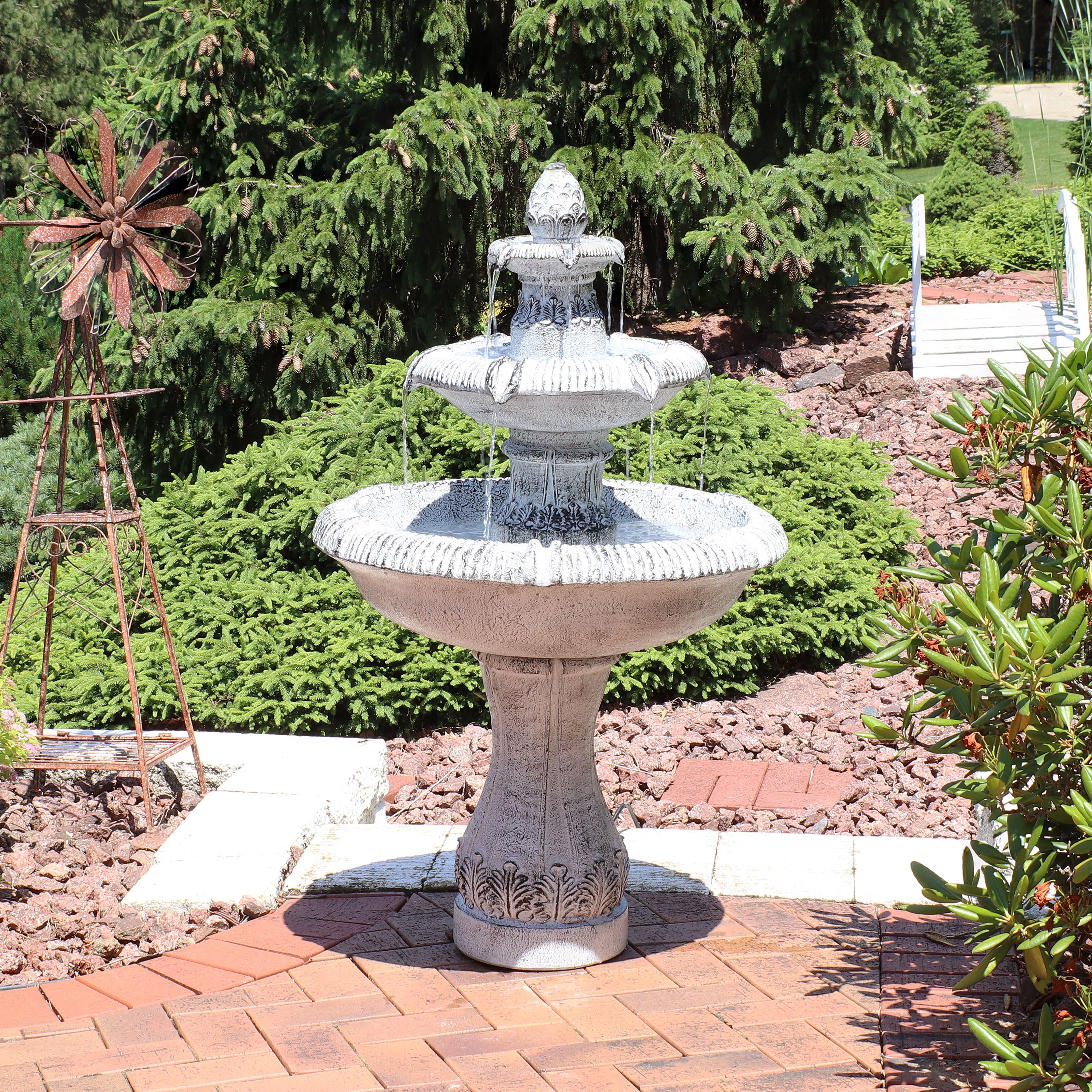 45-Inch 3-Tier Outdoor Water Fountain with Mediterranean Design - Durable Reinforced Concrete for Garden, Patio, and Backyard Decor | Sunnydaze