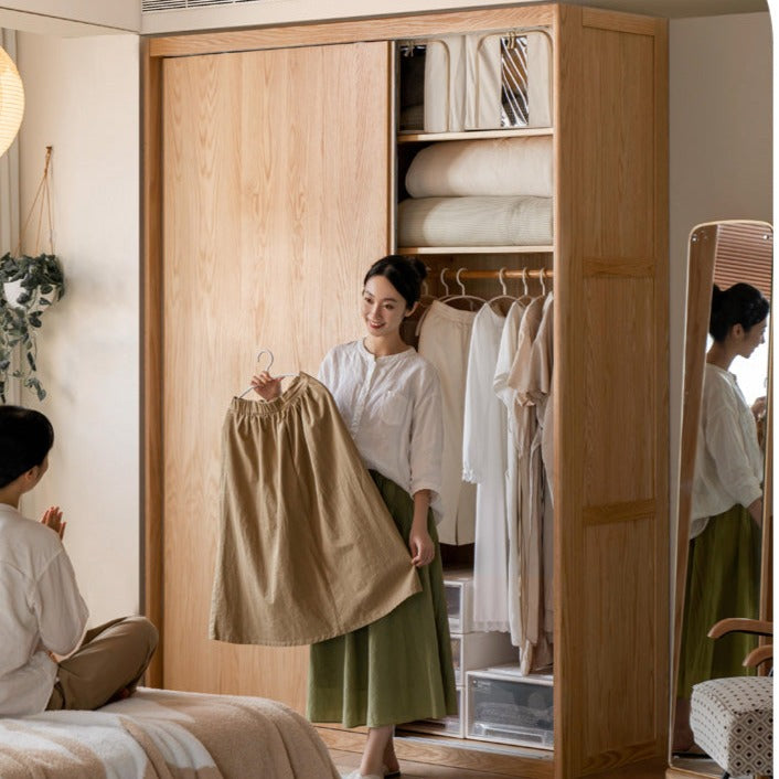 Solid Oak Wood Sliding Door Wardrobe Closet - Modern Storage Solution for Bedroom, Living Room & Office