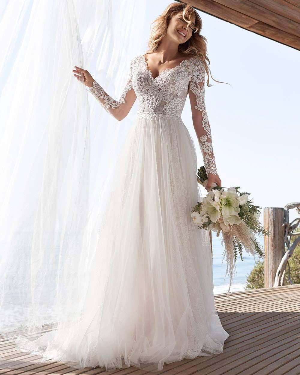 Elegant Long Sleeve Wedding Dress with Tulle Lace Applique - V-Neck A-Line Backless Bridal Gown with Train | Perfect for Church Ceremonies, Beach Weddings & Formal Receptions