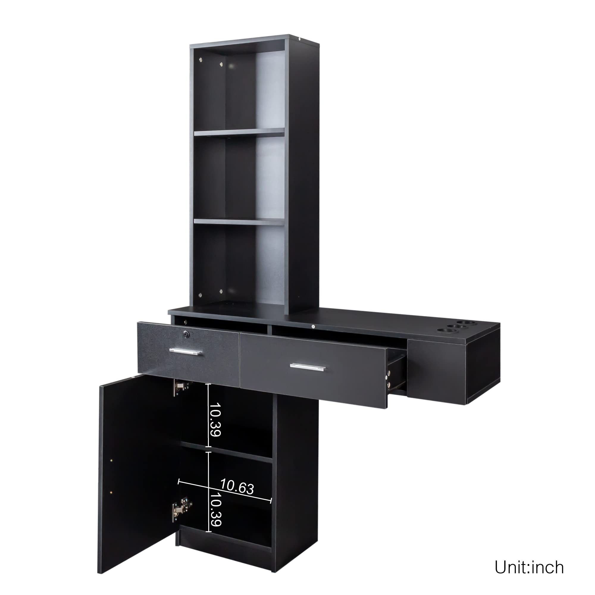 Wall Mounted Salon Storage Cabinet - 3 Compartments, 2 Drawers & 1 Bottom Cabinet for Hair Stylist Tools | Professional Beauty Salon Organization | Perfect for Barbershops, Home Salons & Cosmetology Stations (Black)