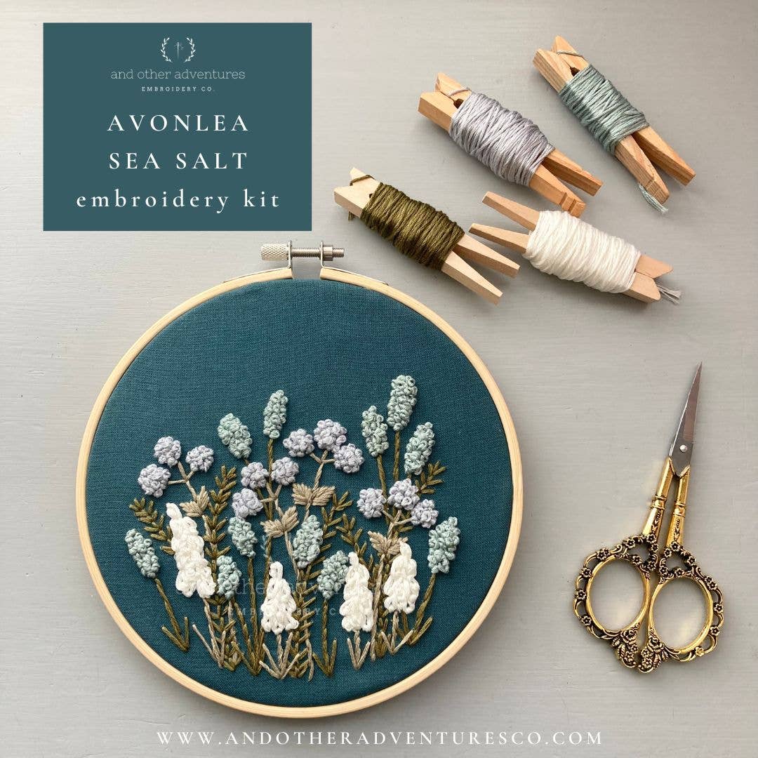 Avonlea Sea Salt Fabric Hand Embroidery Kit for Beginners - DIY Floral Embroidery Set with Thread, Needle & Pattern - Perfect for Home Decor, Gifts & Craft Projects