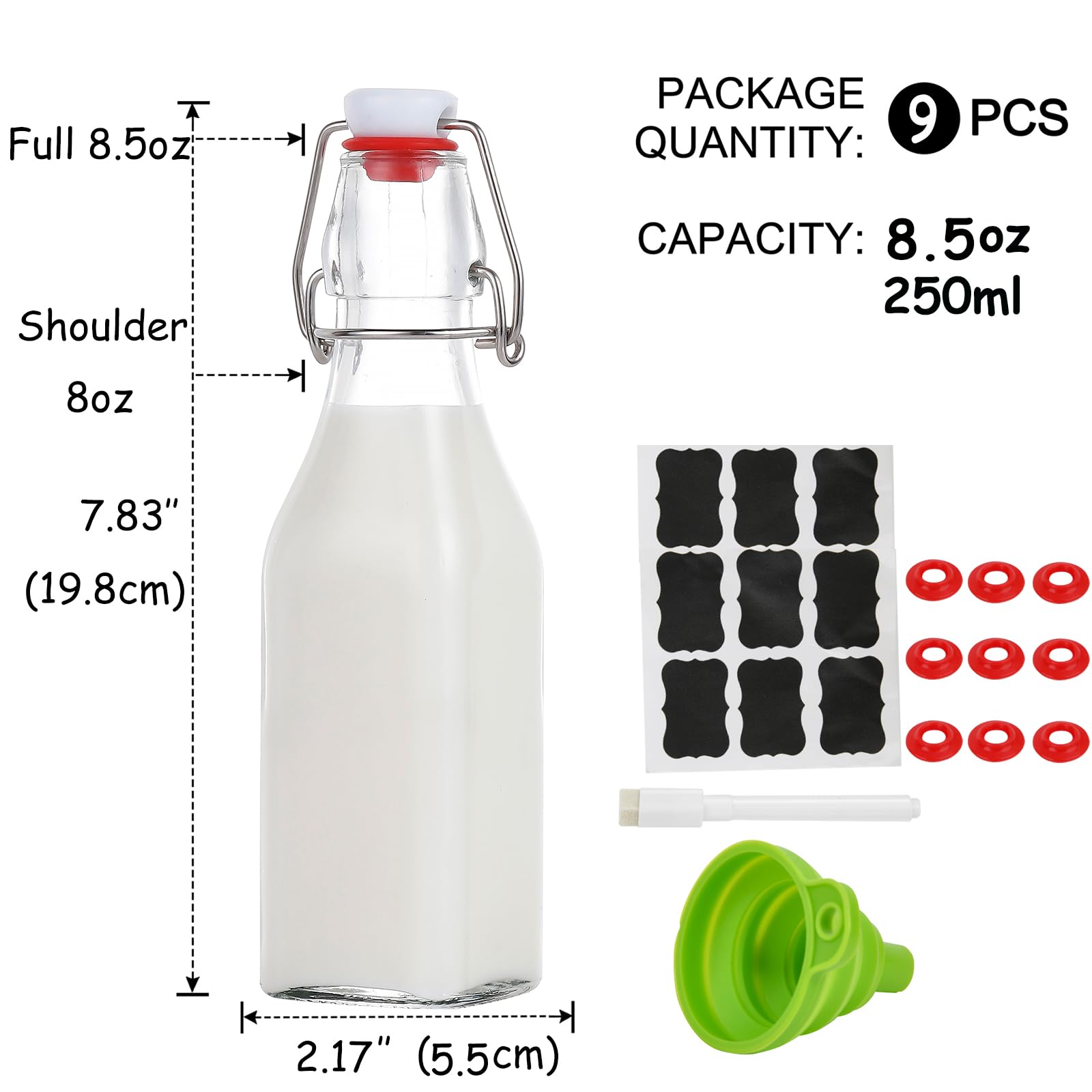 Premium 8 oz Swing Top Glass Bottles with Airtight Lids - Set of 9 for Home Brewing, Kombucha, Kefir & Homemade Beverages | Perfect for Storing Beer, Oil, Vinegar, Juices & DIY Vanilla Extract | Ideal for Kitchen, Pantry & Crafting Projects