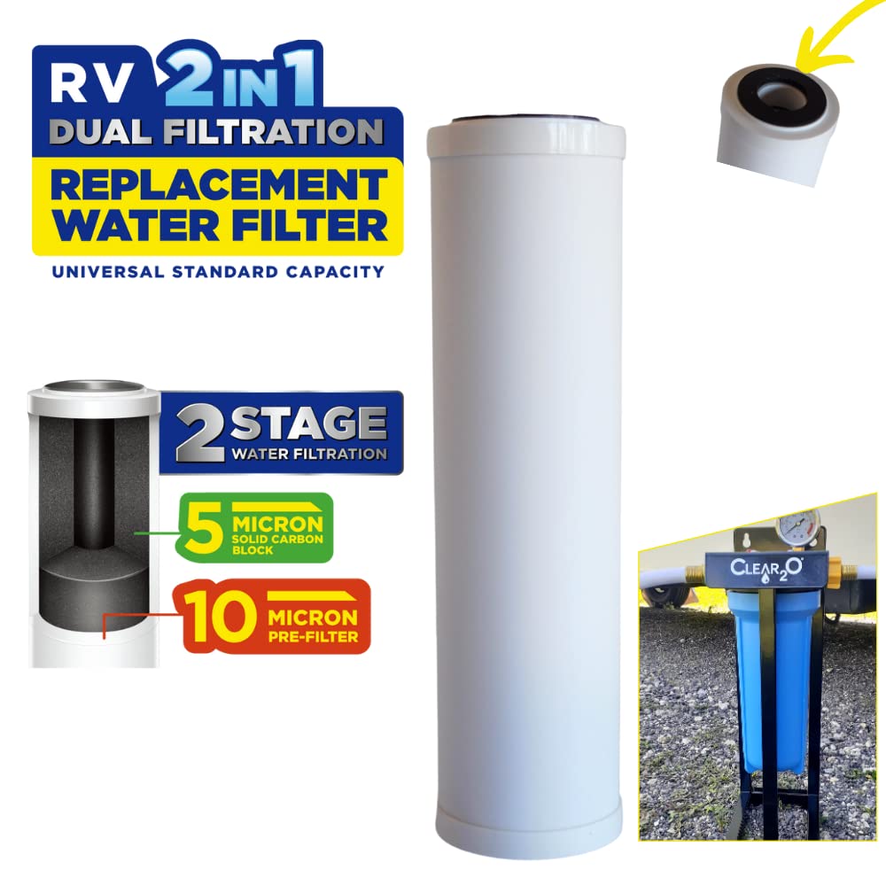 CLEAR2O® RV 2-in-1 Dual Filtration Replacement Water Filter System - CDF1501 Pre-Filter & Carbon Filter for Clean Drinking Water in Campers, RVs and Travel Trailers