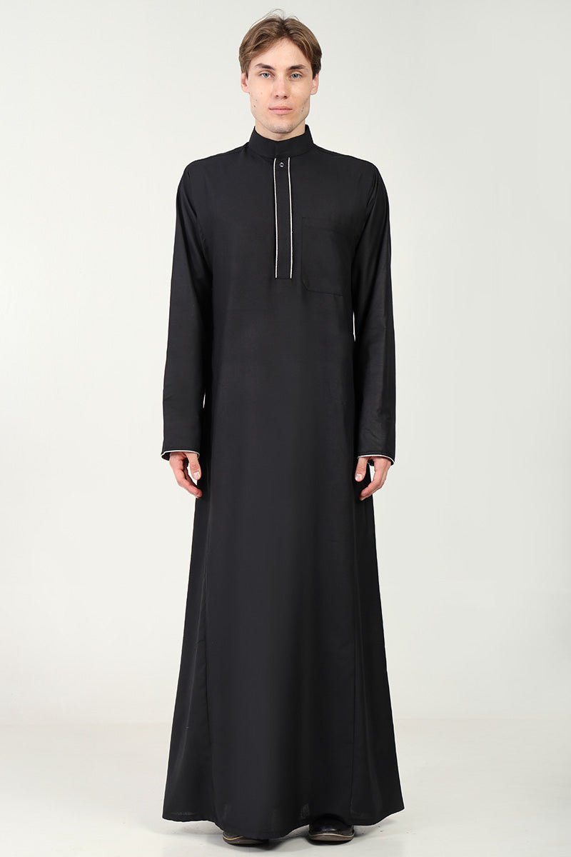 Classic Polyester Poplin Thobe with Stand Collar & Piping Detailing - Traditional Islamic Dress for Men - Perfect for Eid, Ramadan & Daily Wear