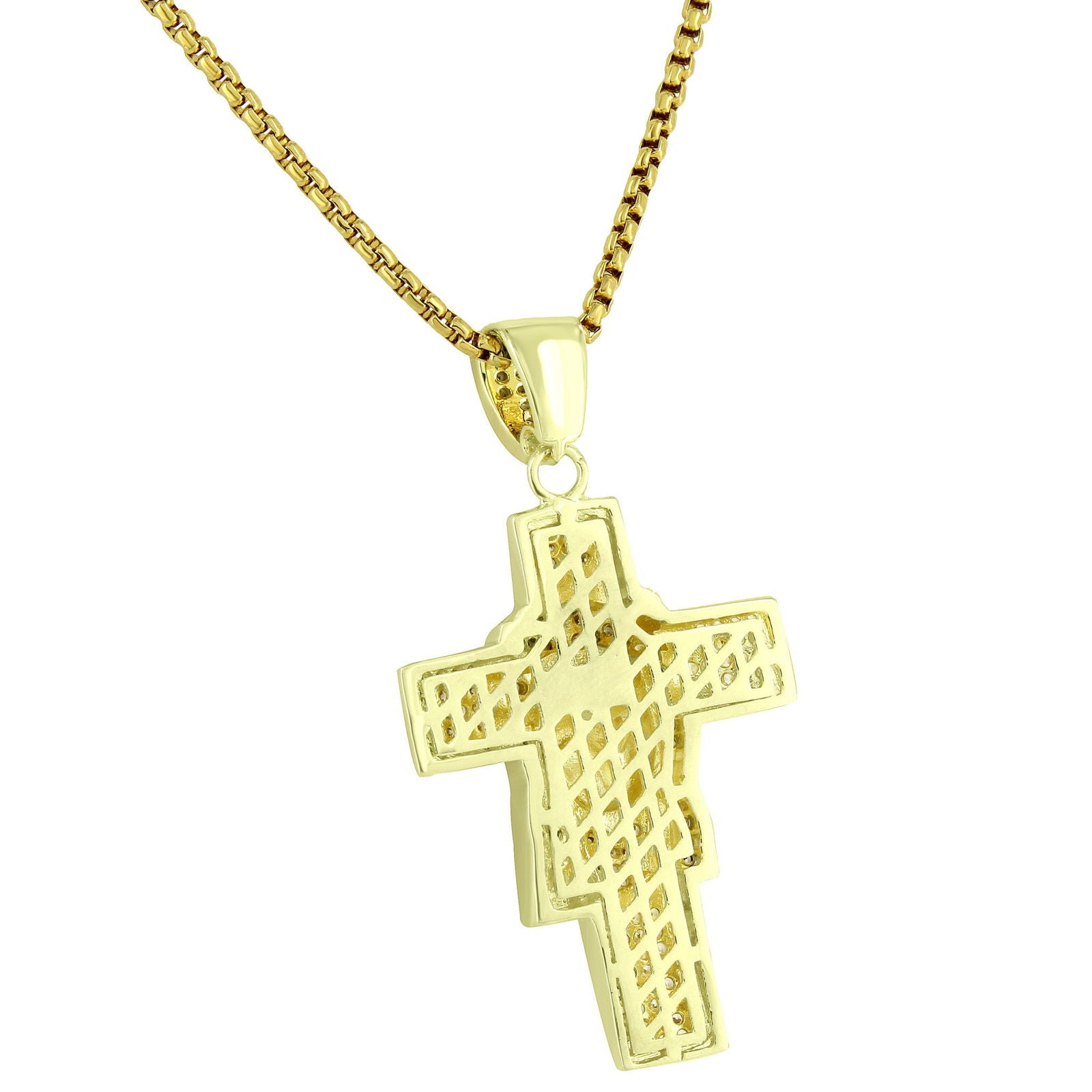 Jesus Face On The Cross 14K Gold Plated Pendant Necklace with Simulated Diamonds & 24