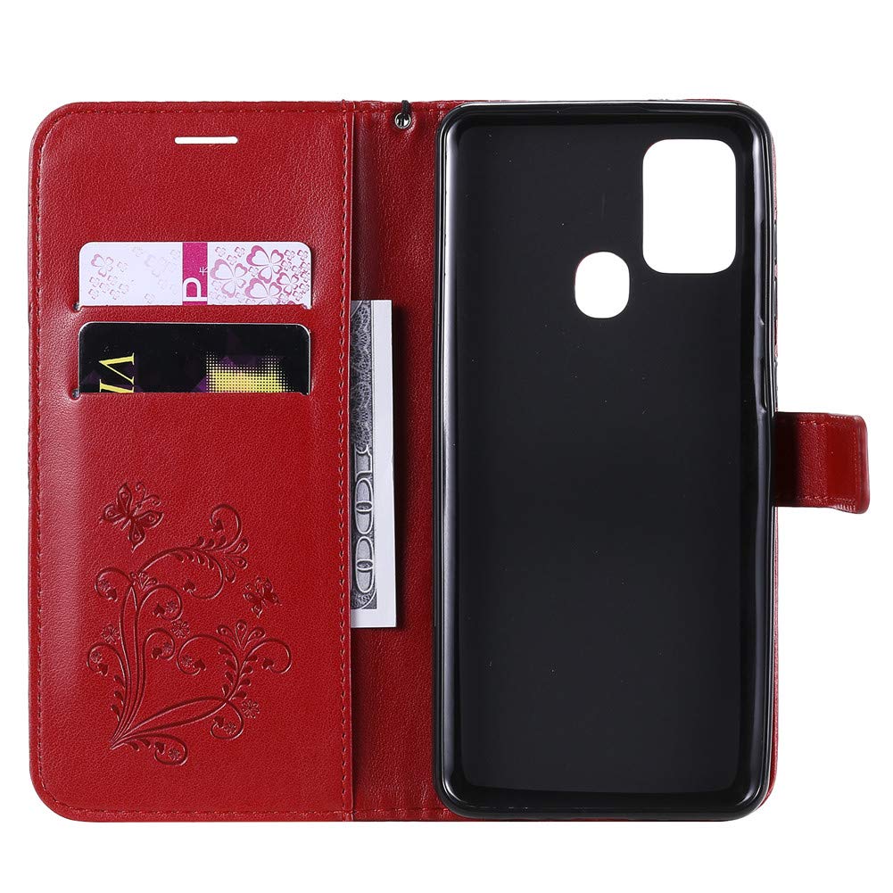Samsung Galaxy A21S Case - Butterfly Embossed Magnetic Clasp Wallet Cover with Hand Strap | Slim Protective Phone Case for Women | Perfect for Daily Use, Travel & Work (Red)