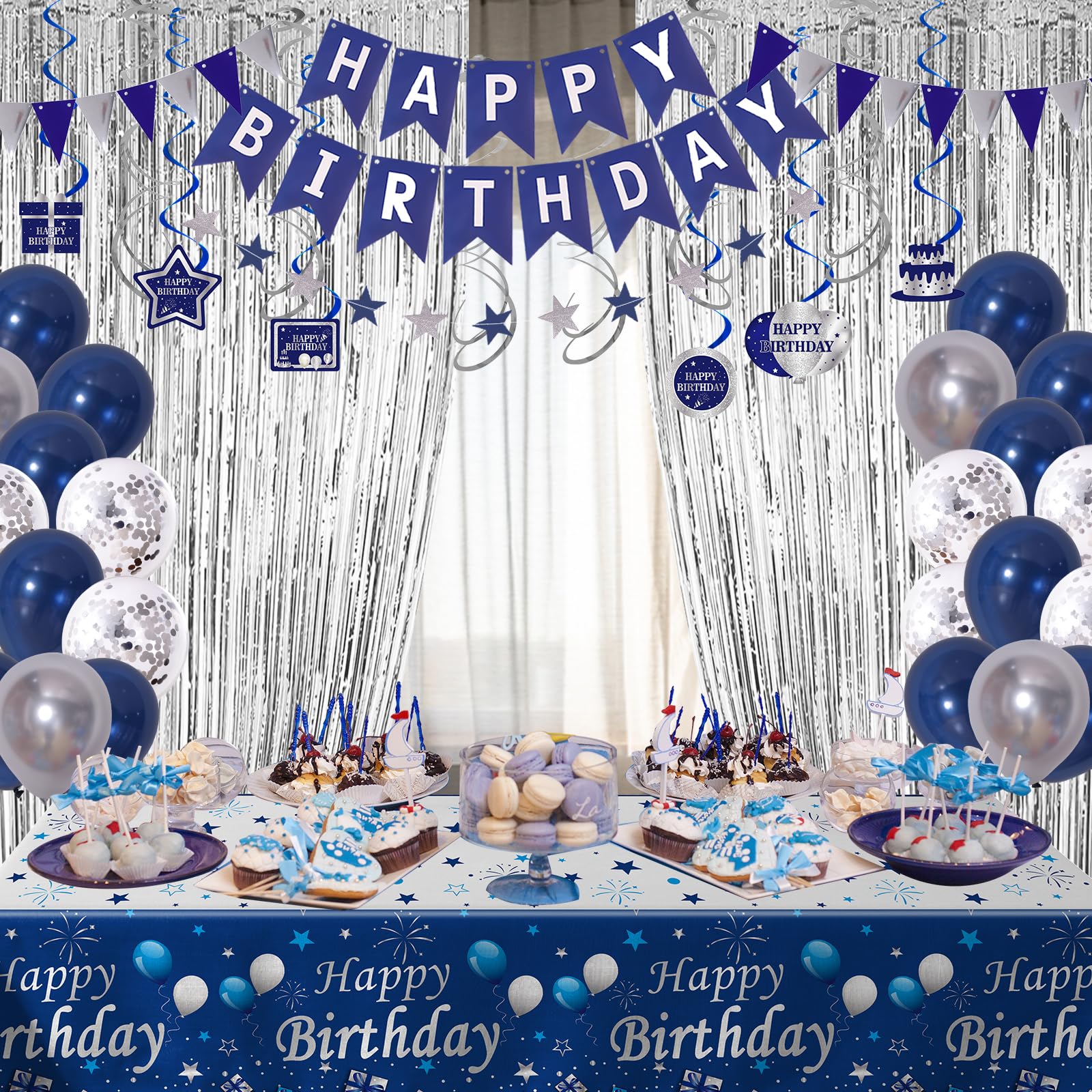 Blue Birthday Party Decorations for Men & Women - Bunting Banner, Fringe Curtains, Hanging Swirls & Tablecloth Set | Perfect for Adult Birthday Celebrations, Office Parties & Gender Reveal Events