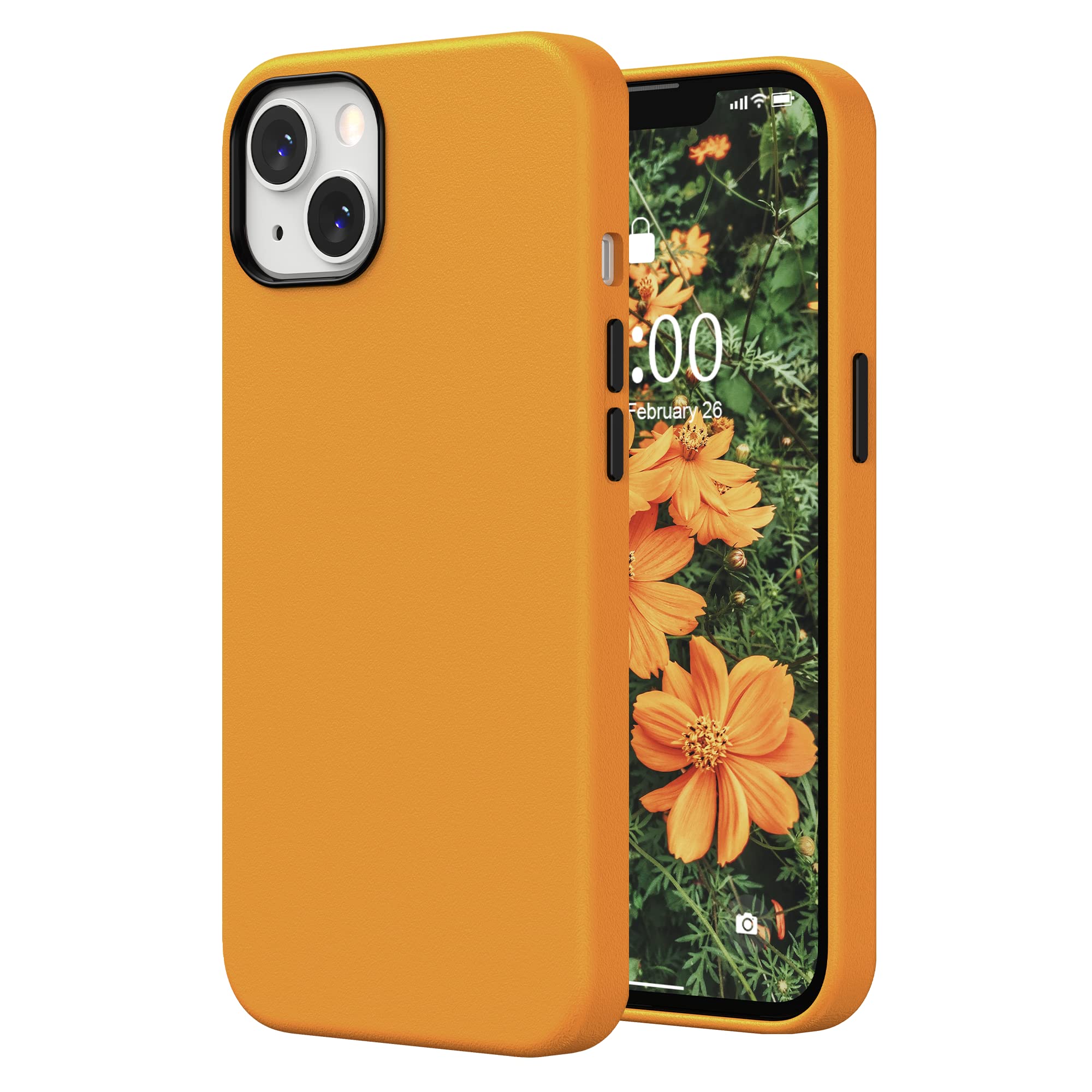 SURPHY Premium Faux Leather iPhone 13 Case (6.1 inch 2021) with Metallic Buttons & Microfiber Lining - Yellow California Poppy | Slim Protective Cover for Everyday Use, Work & Travel