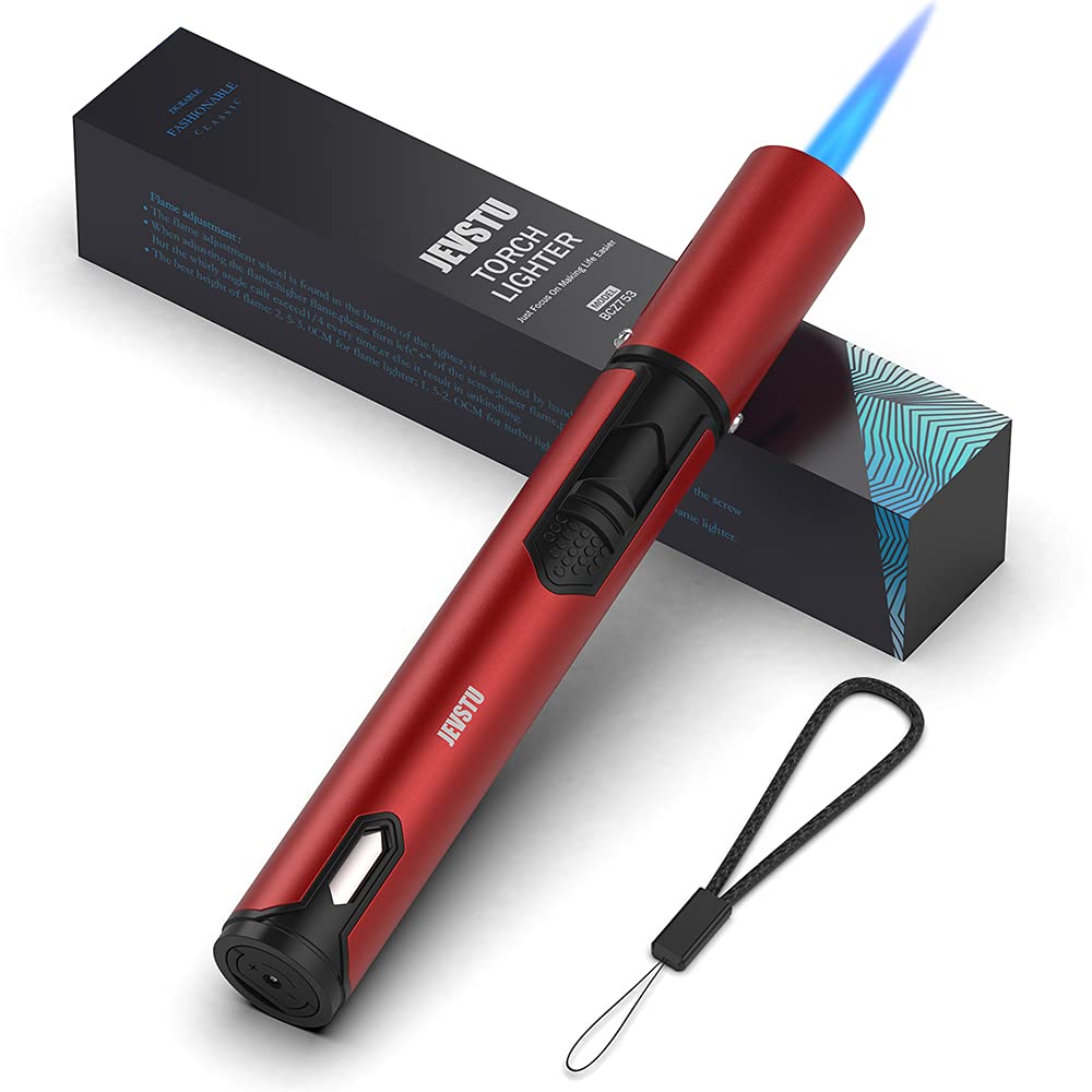 Refillable Butane Torch Lighter - 6 Inch Adjustable Jet Flame Pen Lighter for BBQ, Grilling, Candle Making, Camping & DIY Projects (Gas Not Included) - Red