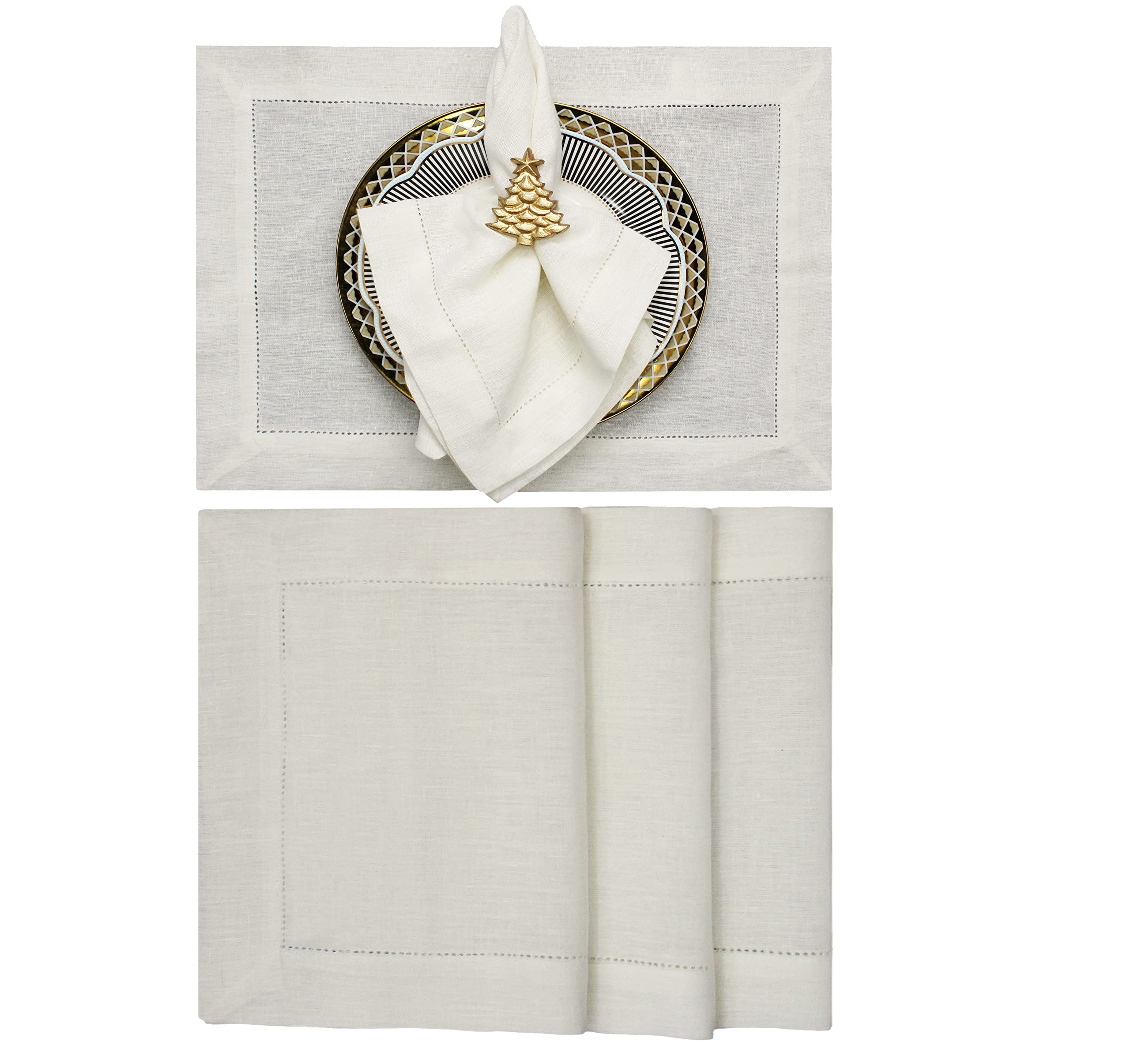 Premium Linen Placemats Set of 4 - Ivory Hemstitch Table Mats - 100% Natural Linen Fabric for Dining - Elegant & Durable 14x19 Inch - Perfect for Everyday Use, Formal Dinners & Holiday Decor - COTTON CRAFT