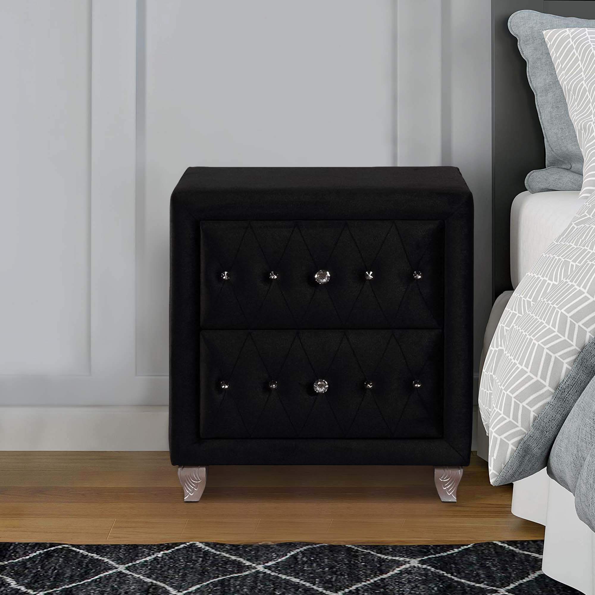 Benjara Black Fabric Upholstered Wooden Nightstand with 2 Drawers - Modern Bedside Table for Bedroom Furniture, Home Decor & Small Space Storage