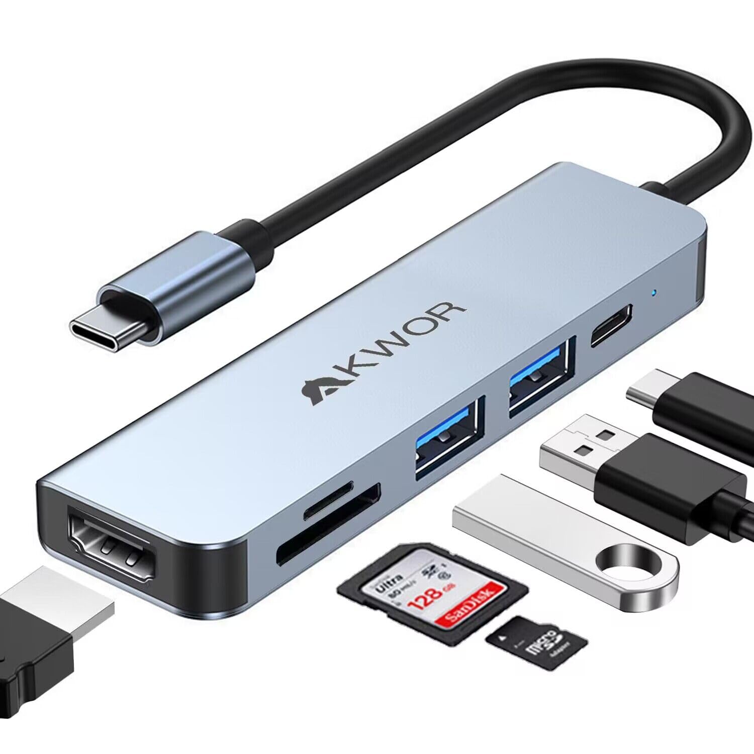 AKWOR 7-in-1 USB C Hub with 4K HDMI, 100W PD Charging, USB 3.0 Ports, SD/TF Card Reader - Compatible with iPhone 15, MacBook Air/Pro, iPad Pro, Dell, HP, ASUS & More - Perfect for Home Office, Gaming & Travel Connectivity