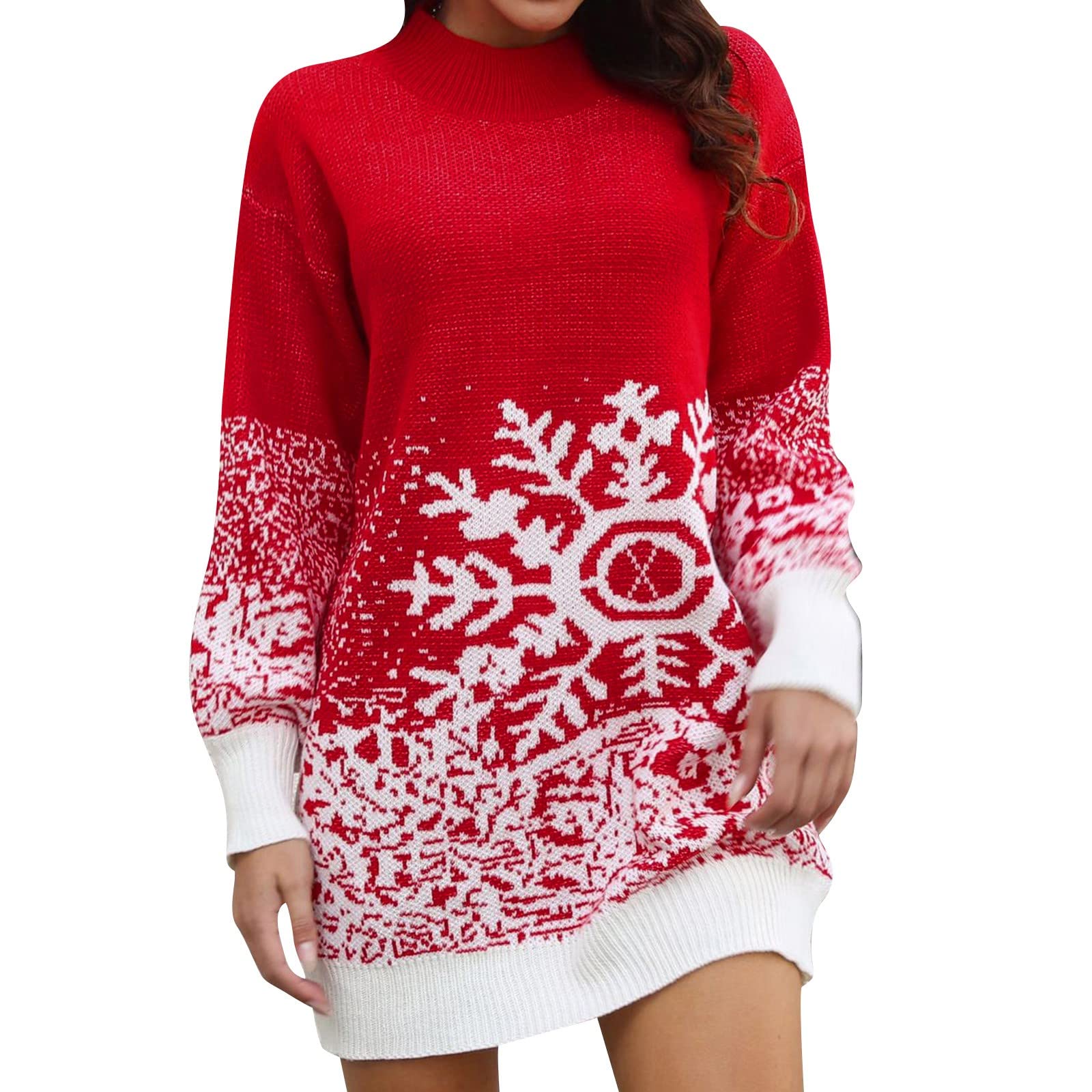 Women's Christmas Dresses - Elegant High Neck Long Sleeve Knit Solid Color Party Dress for Holiday Gatherings & Winter Celebrations