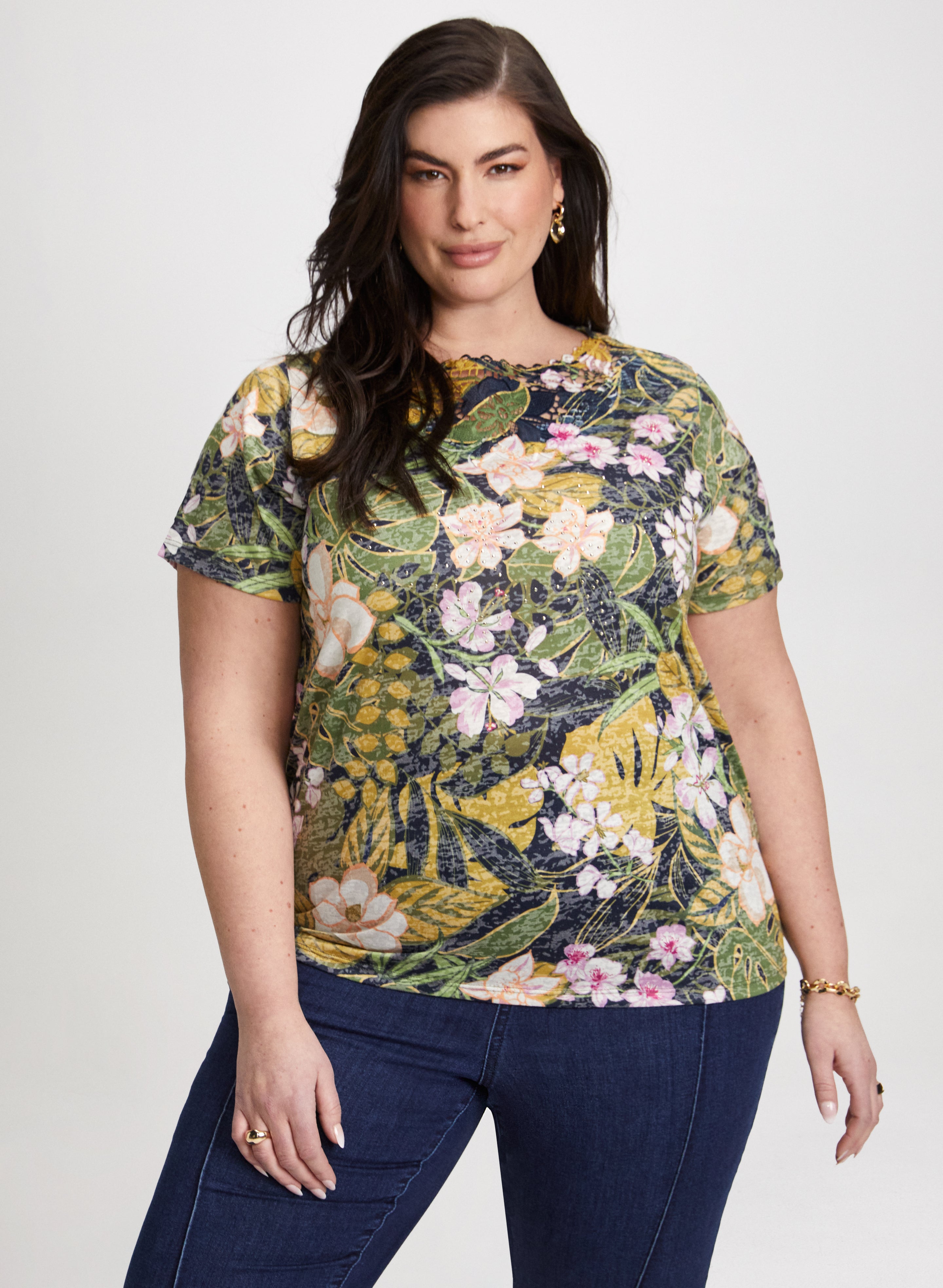 Floral Openwork Detail T-Shirt for Women - Breathable Summer Blouse, Casual & Boho Style - Perfect for Beach Outings, Picnics, and Date Nights