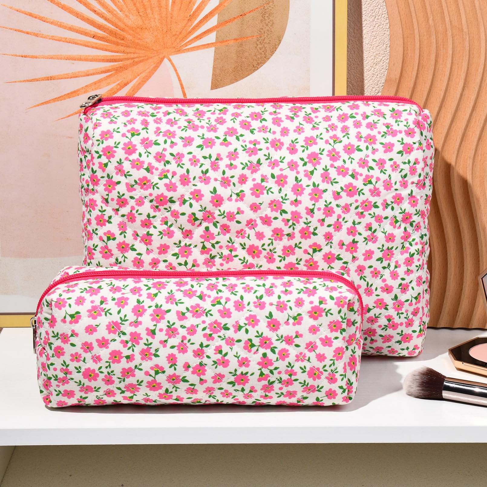 2 Pack Floral Quilted Makeup Bags for Women - Large Cotton Cosmetic Pouch, Travel Toiletry Organizer, Cute Aesthetic Puffer Bag for Girls (Perfect for Travel, Gym, Daily Use & Gift)