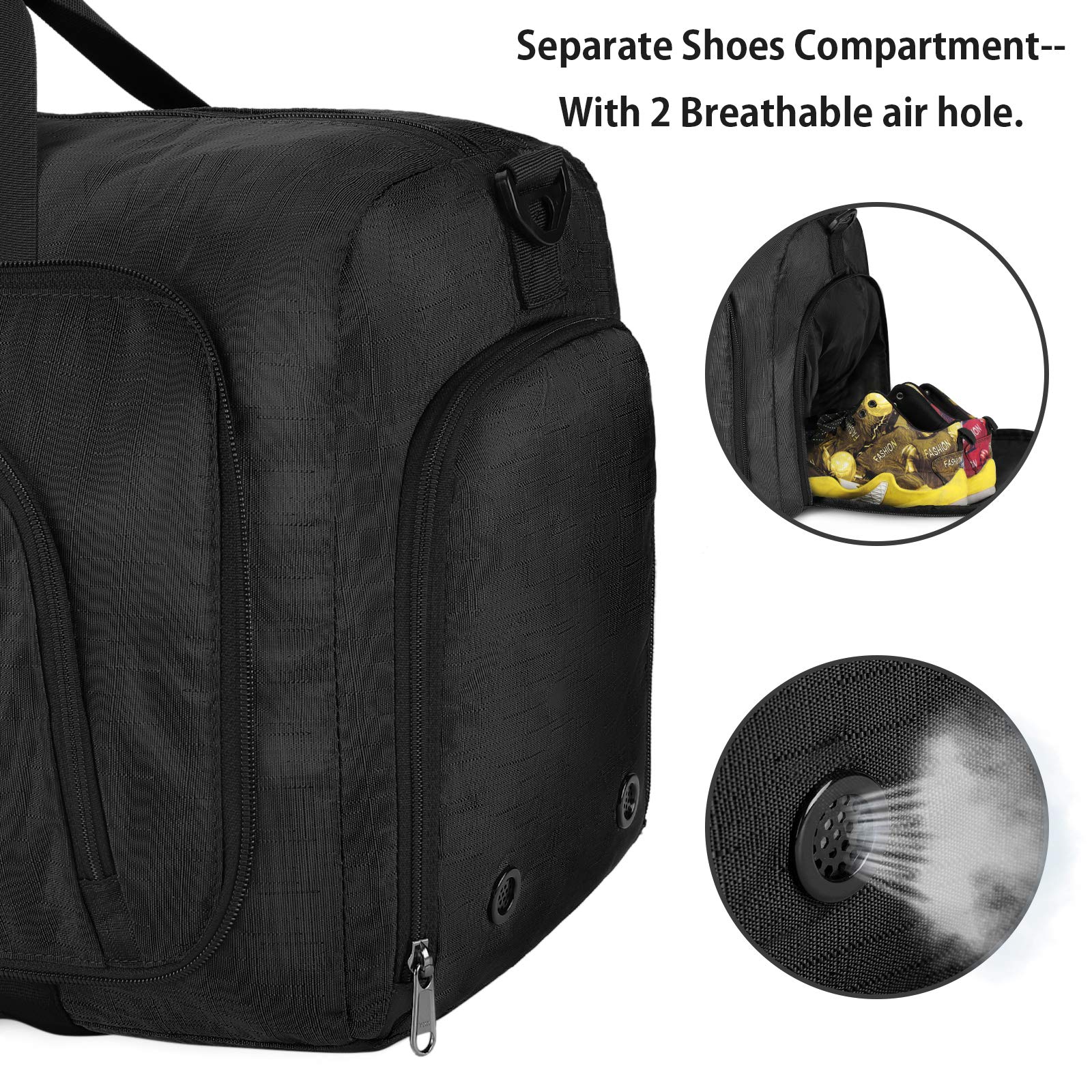 65L Waterproof Foldable Duffle Bag for Travel - Carry On Weekender Overnight Bag with Shoe Compartment for Men & Women | Perfect for Gym, Weekend Trips & Airplane Carry On (Black)