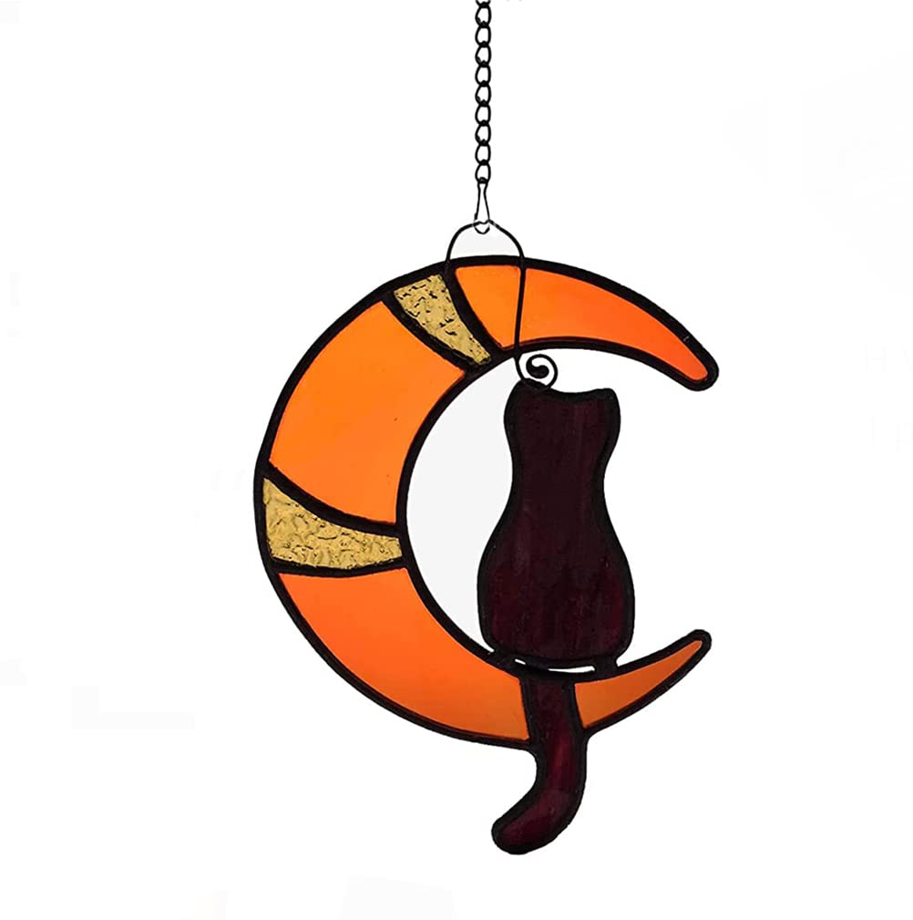 Black Cat on Moon Stained Glass Window Hanging - Memorial Gift for Cat Lovers, Remembrance Ornament & Halloween Suncatcher Decor - Perfect for Home, Office, or Garden Decoration