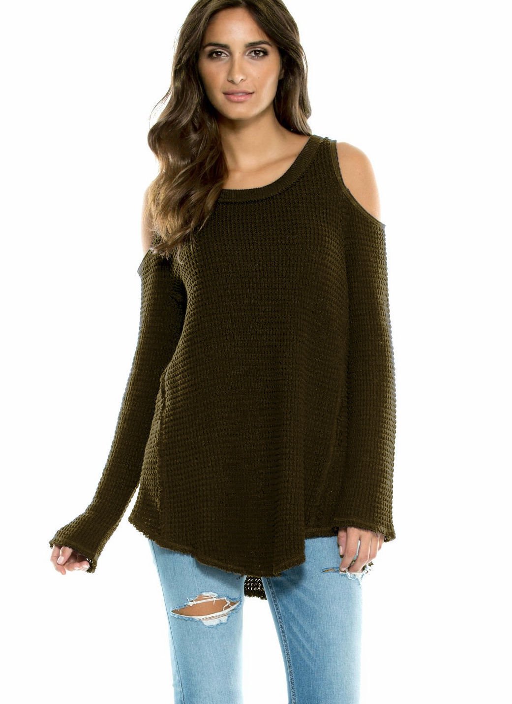 Elan Women's Cold Shoulder Waffle Knit Tunic Sweater - Stylish Long Sleeve Pullover for Fall & Winter - Perfect for Casual Outings, Date Nights and Office Wear