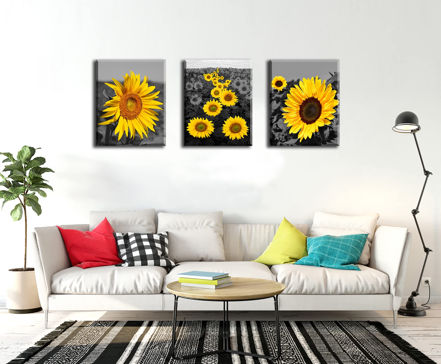 Sunflower Wall Art Canvas Prints - Black & Yellow Framed Paintings 12x16 Inch, Set of 3 | Ready to Hang Home Decor for Kitchen, Bathroom & Living Room | Perfect for Farmhouse, Boho & Modern Interior Design