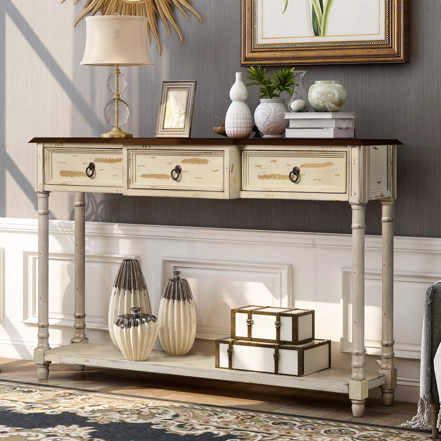 Merax Rustic Beige Console Table with Drawers & Long Shelf - Entryway Sofa Table, Hallway Sideboard for Living Room | Perfect for Home Decor, Small Space Storage & Entryway Organization