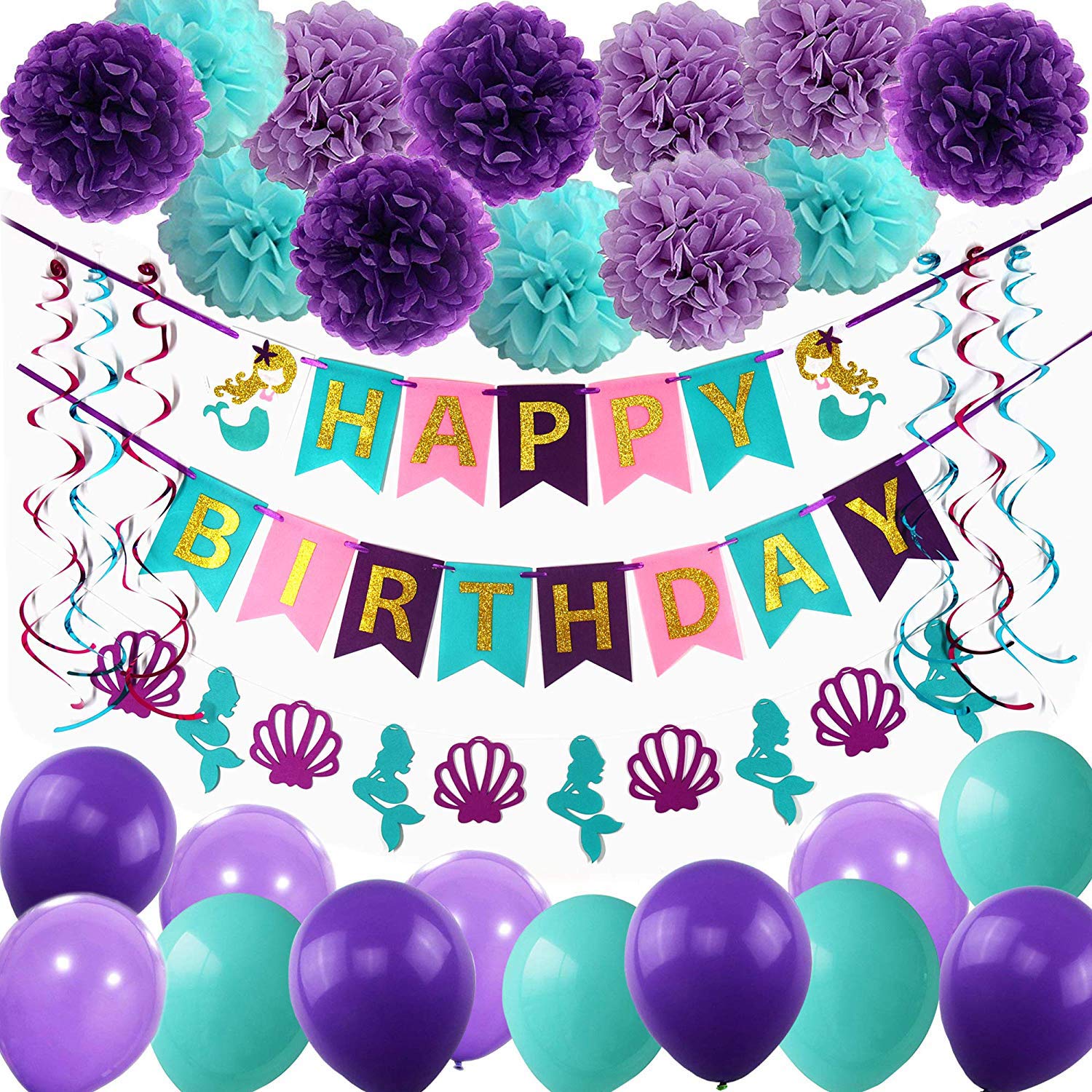 Mermaid Birthday Party Decorations Kit - Seashell Banner, Balloons, Paper Pompom Flowers & Hanging Swirls - Happy Birthday Banner for Girls & Women - Perfect for Underwater Themed Parties, Baby Showers & Princess Celebrations