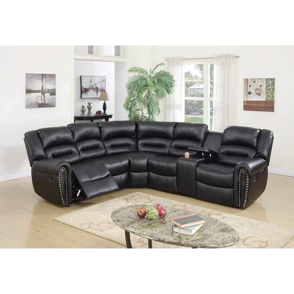 Premium Black Americana 3-Piece Leather Reclining Sectional Sofa - L-Shaped Couch with Solid Wood Frame for Living Room, Home Theater & Family Gatherings