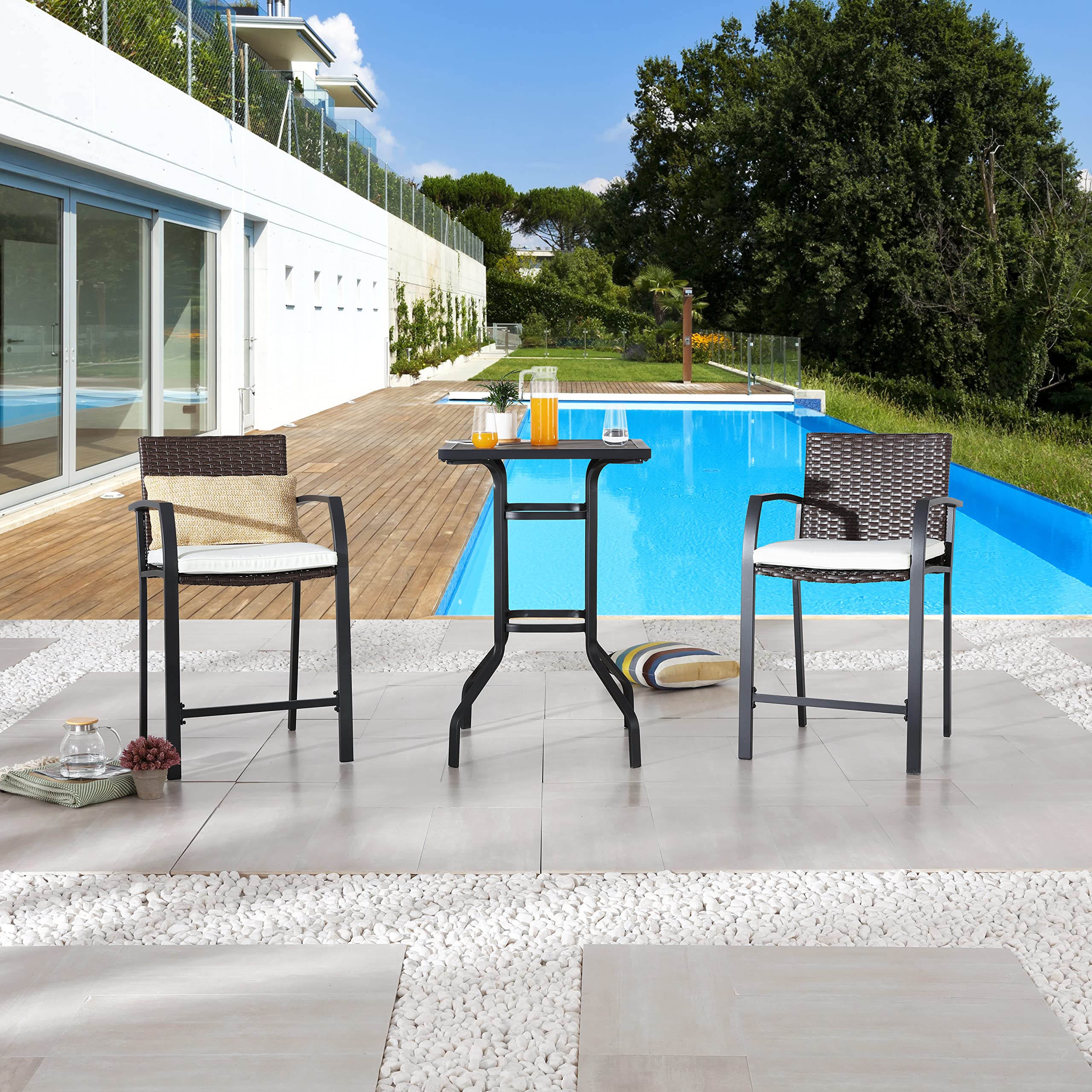 LOKATSE HOME 3-Piece Outdoor Patio Bar Set - Wicker Bar Stools with High Top Square Table - Weather-Resistant White Conversation Furniture for Backyard, Poolside & Garden Dining