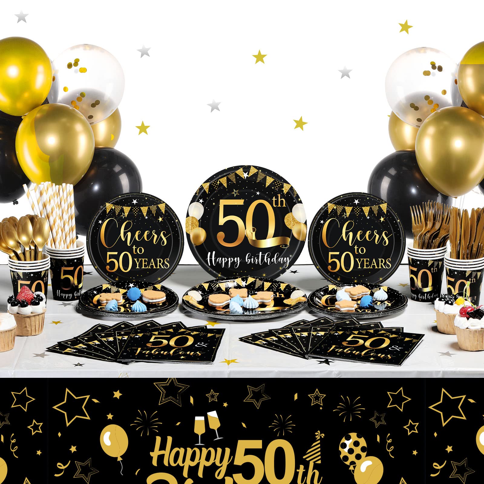 Black and Gold 50th Birthday Decorations for Men & Women - Anniversary Balloons, Tablecloth, Tableware Set for Party Guests - Perfect for Milestone Celebrations & Special Events