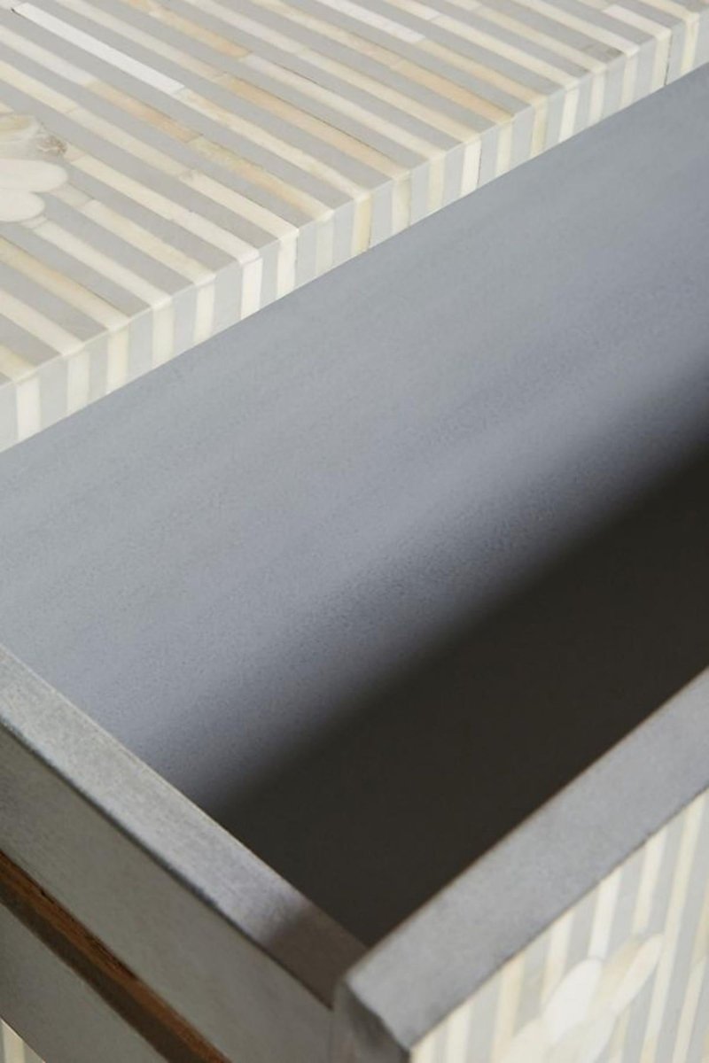 Handmade Bone Inlay Floral Design Gray 3-Drawer Dresser - Perfect for Bedroom, Living Room & Boho Home Decor