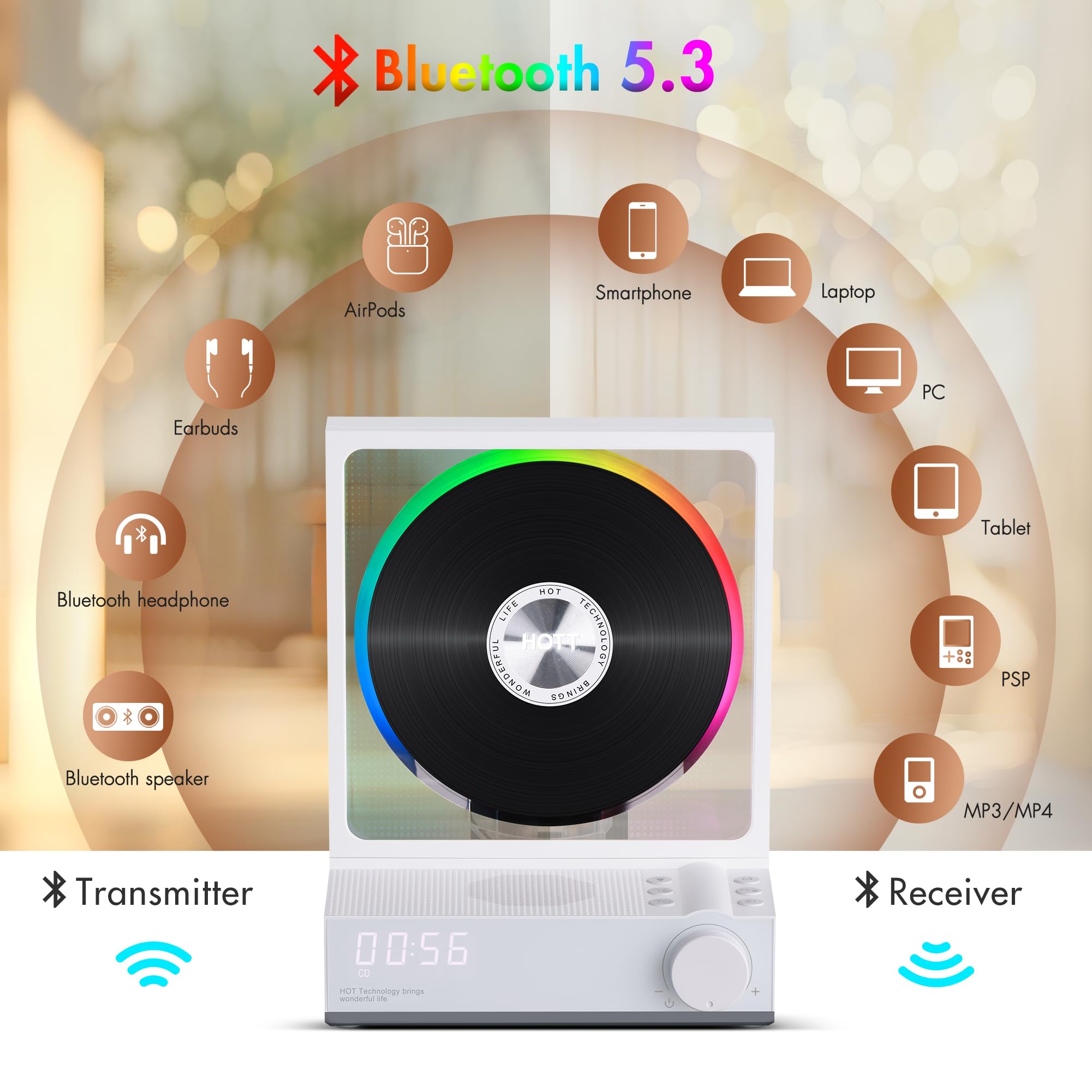Portable Bluetooth CD Player with HiFi Stereo Sound, USB/TF Card Reader & RGB Lights - Compact Desktop CD Player for Home, Office, Dorm | Perfect for Music Lovers, Audiobooks, and Retro Music Playback