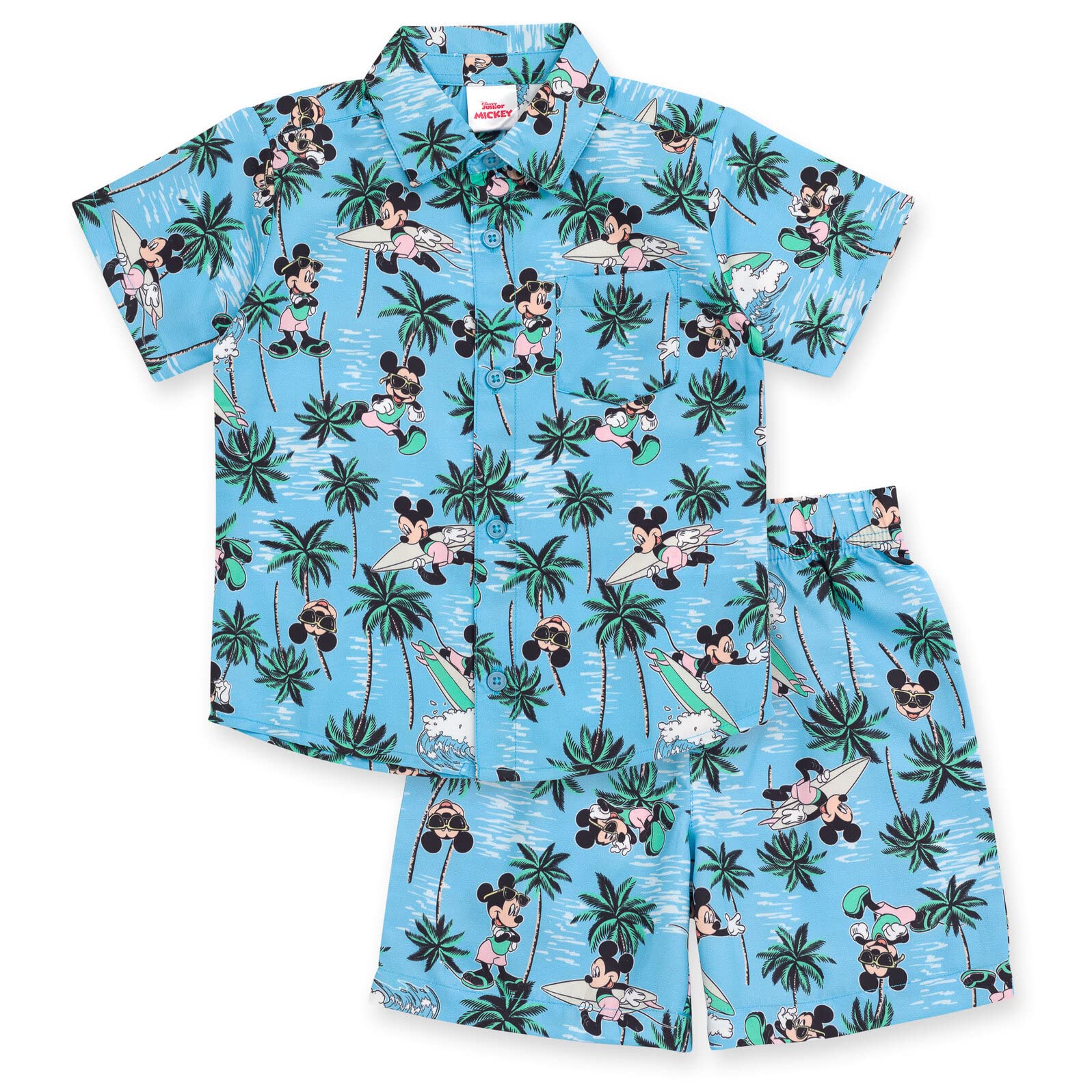 Disney Mickey Mouse Hawaiian Print Button Down Shirt & Shorts Set for Toddler to Big Kid - Beach Vacation, Summer Outfits, Birthday Party Wear