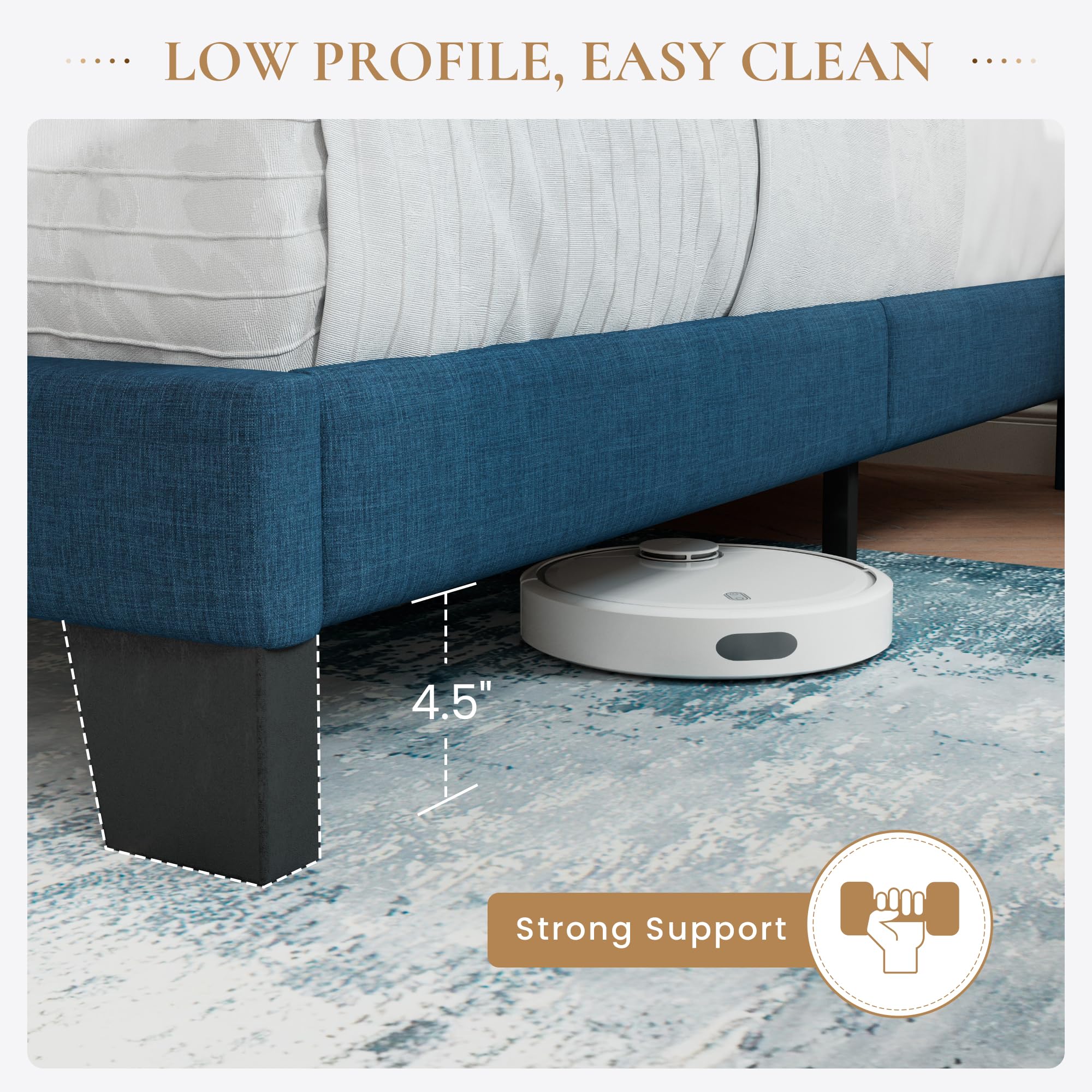 SHA CERLIN King Size Upholstered Platform Bed Frame with Fabric Headboard - Sturdy Wood Slat Support, No Box Spring Required, Blue Velvet - Perfect for Master Bedroom, Guest Room & Modern Home Decor